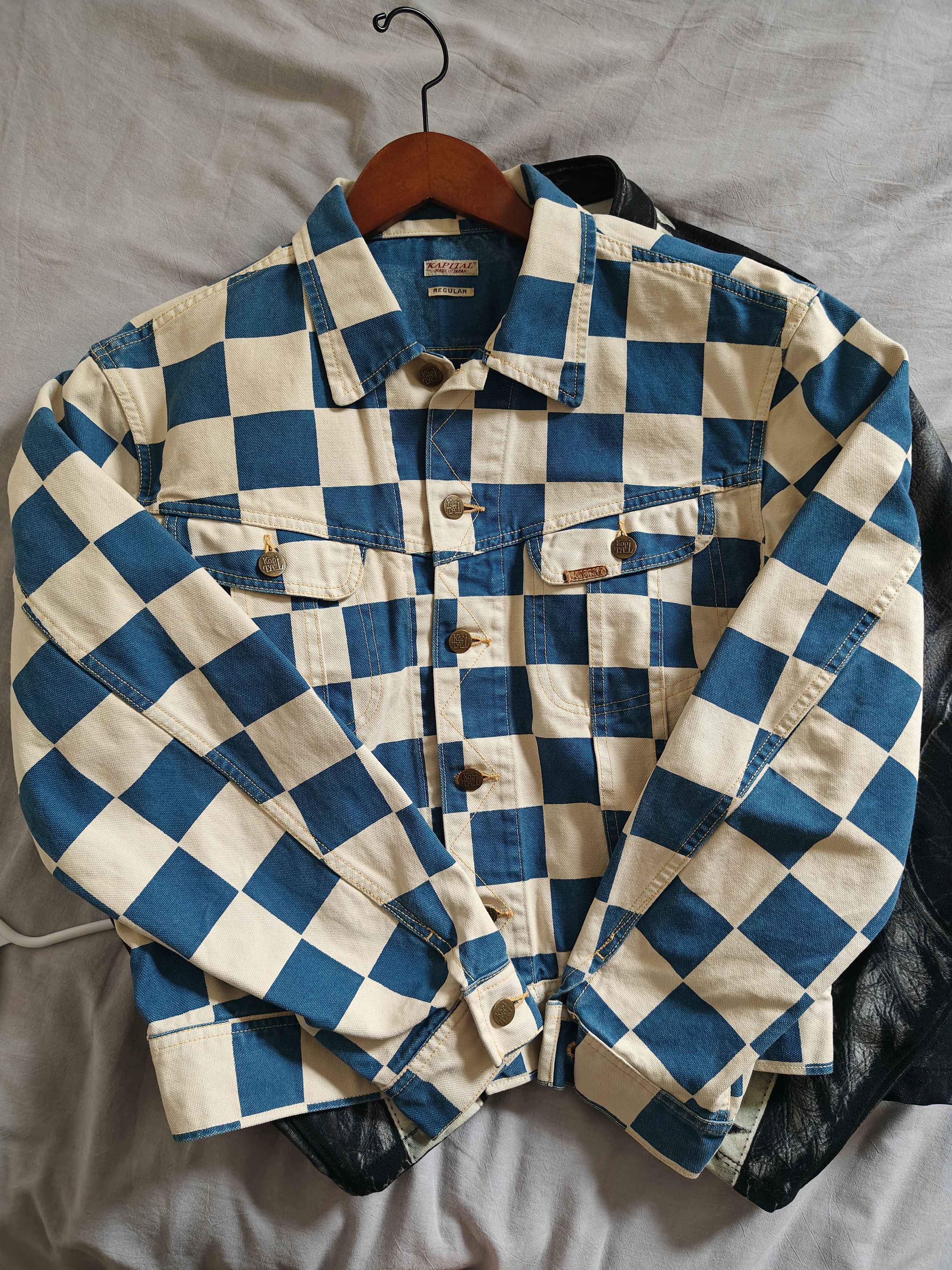 image of Kapital Indigo/cream Checkered Western Denim Jacket, Men's (Size Large)