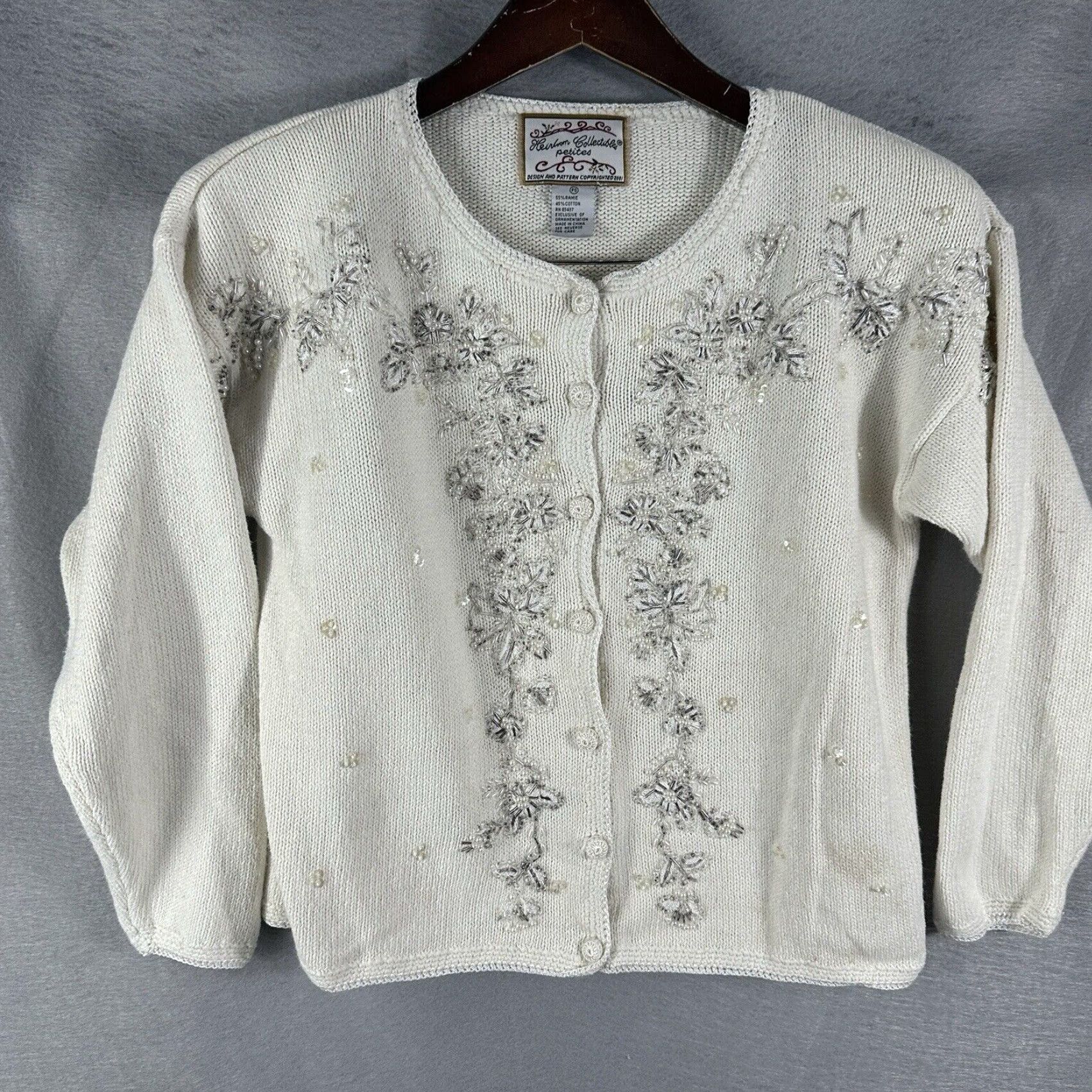 Vintage Vintage Heirloom Collectibles Women's Sweater Cardigan S Floral Beaded Knitted White Autumn Winter Size S / US 4 / IT 40 - 3 Thumbnail