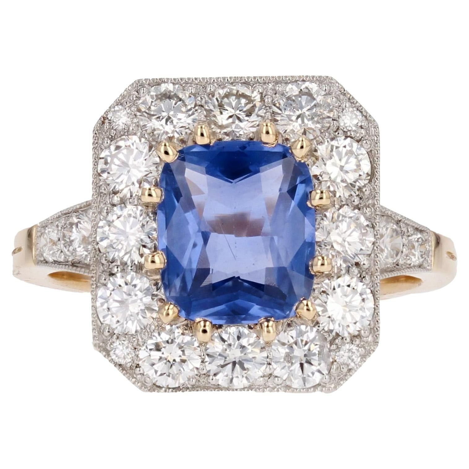 image of Vintage New Art Deco Style Blue Sapphire Diamonds 18 Karat Yellow Gold Platinum Ring, Women's