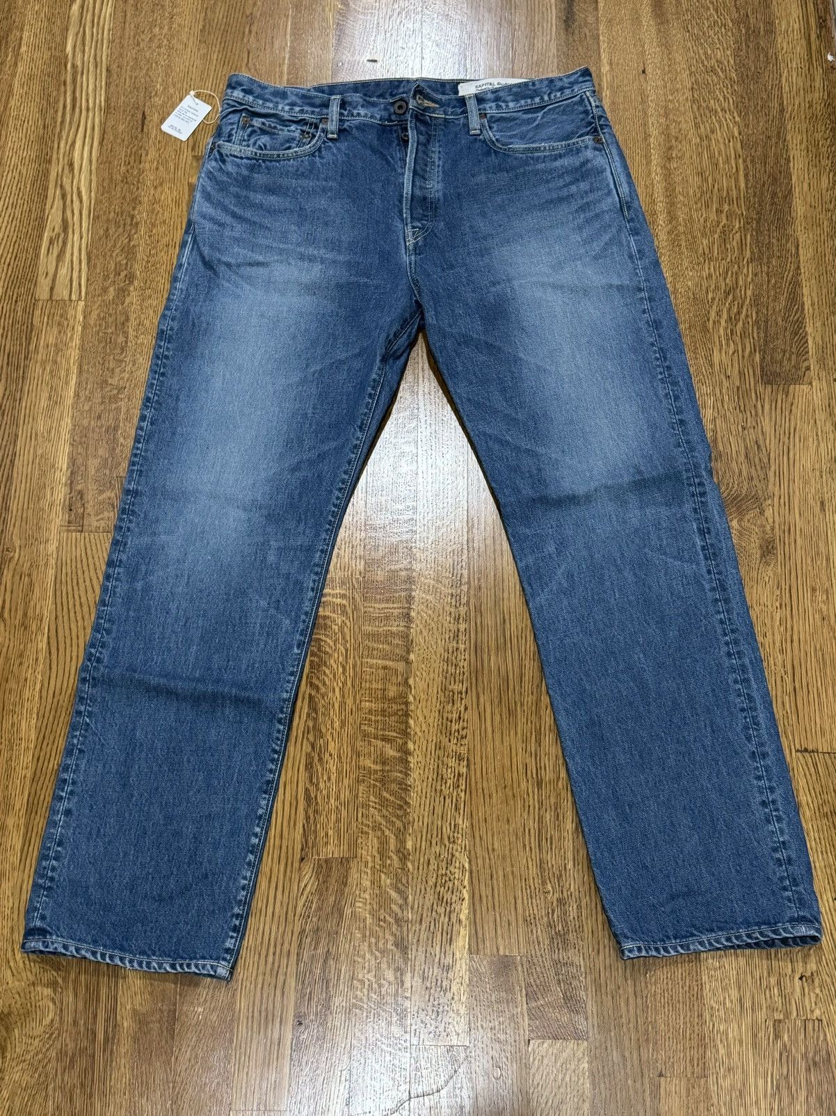 image of Kapital 13.5Oz 5P Monkey Cisco Mid Wash Denim in Blue, Men's (Size 36)
