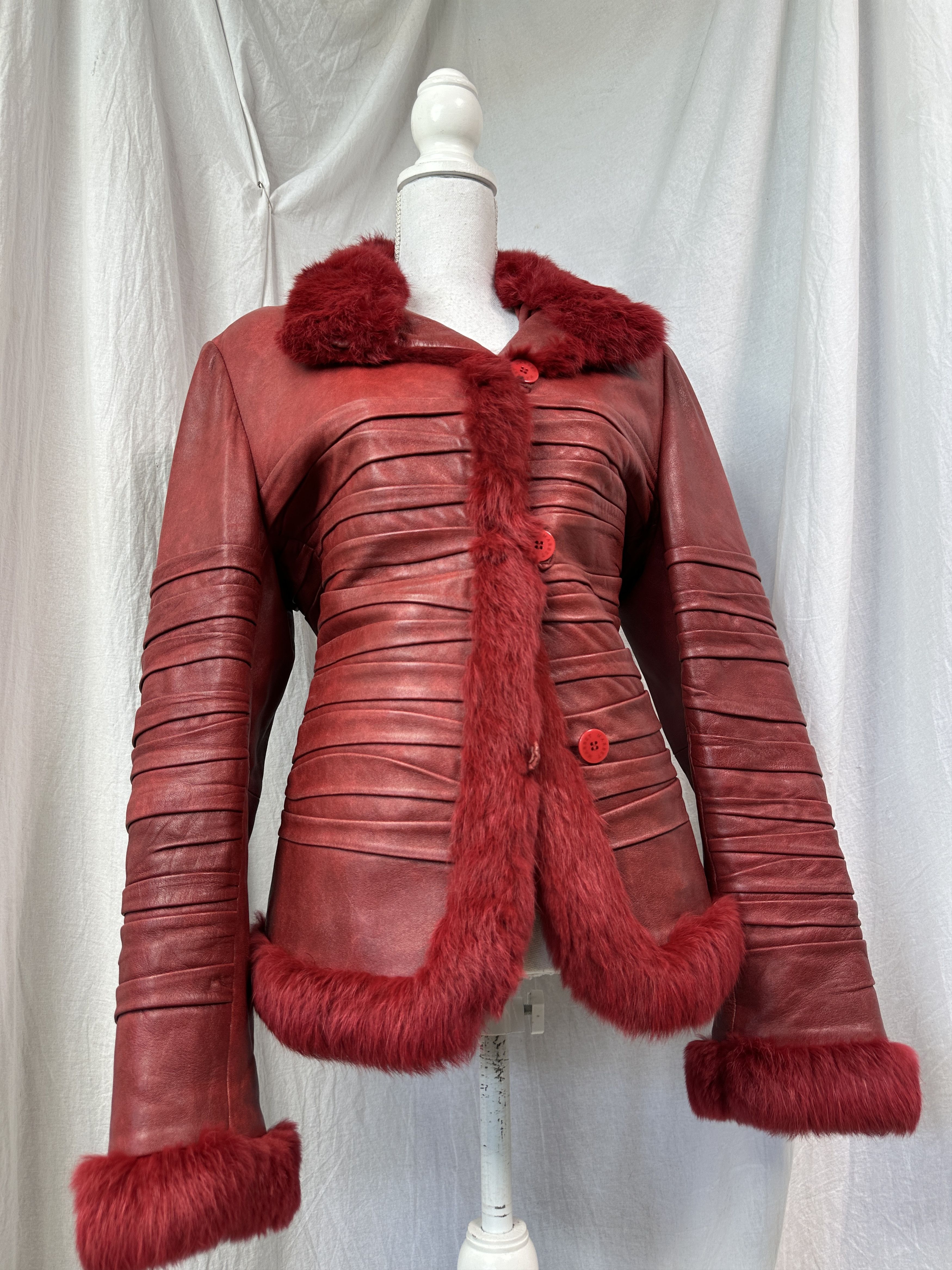Vintage Vintage Avant Garde Leather Ruffled Real Fur Trim 90s Jacket Size L / US 10 / IT 46 - 1 Thumbnail