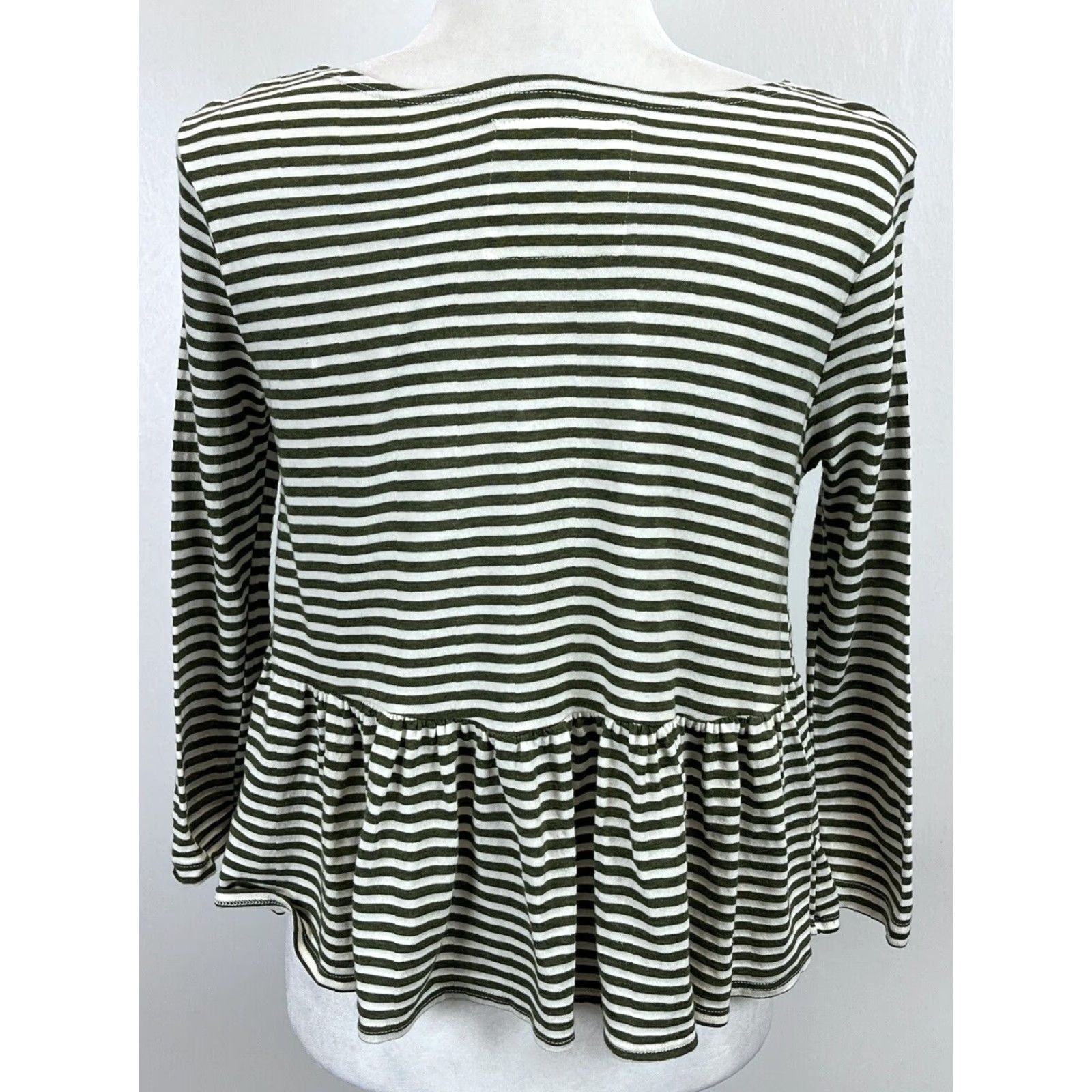 Free People Free People We The Free Peplum Striped T-Shirt Women's XS Green White, Casual Bohemian Cotton Blend Long Sleeve Round Neck Size XS / US 0-2 / IT 36-38 - 3 Thumbnail