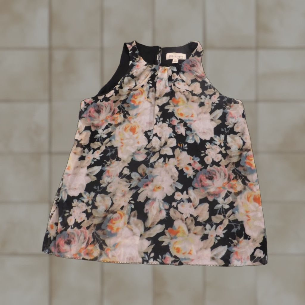 Vintage Philosophy Blouse Womens S Green Floral Crew Neck Sleeveless Pullover Casual Cotton Modal Rayon Stretch Classic Regular Short Sleeve Size S / US 4 / IT 40 - 1 Thumbnail