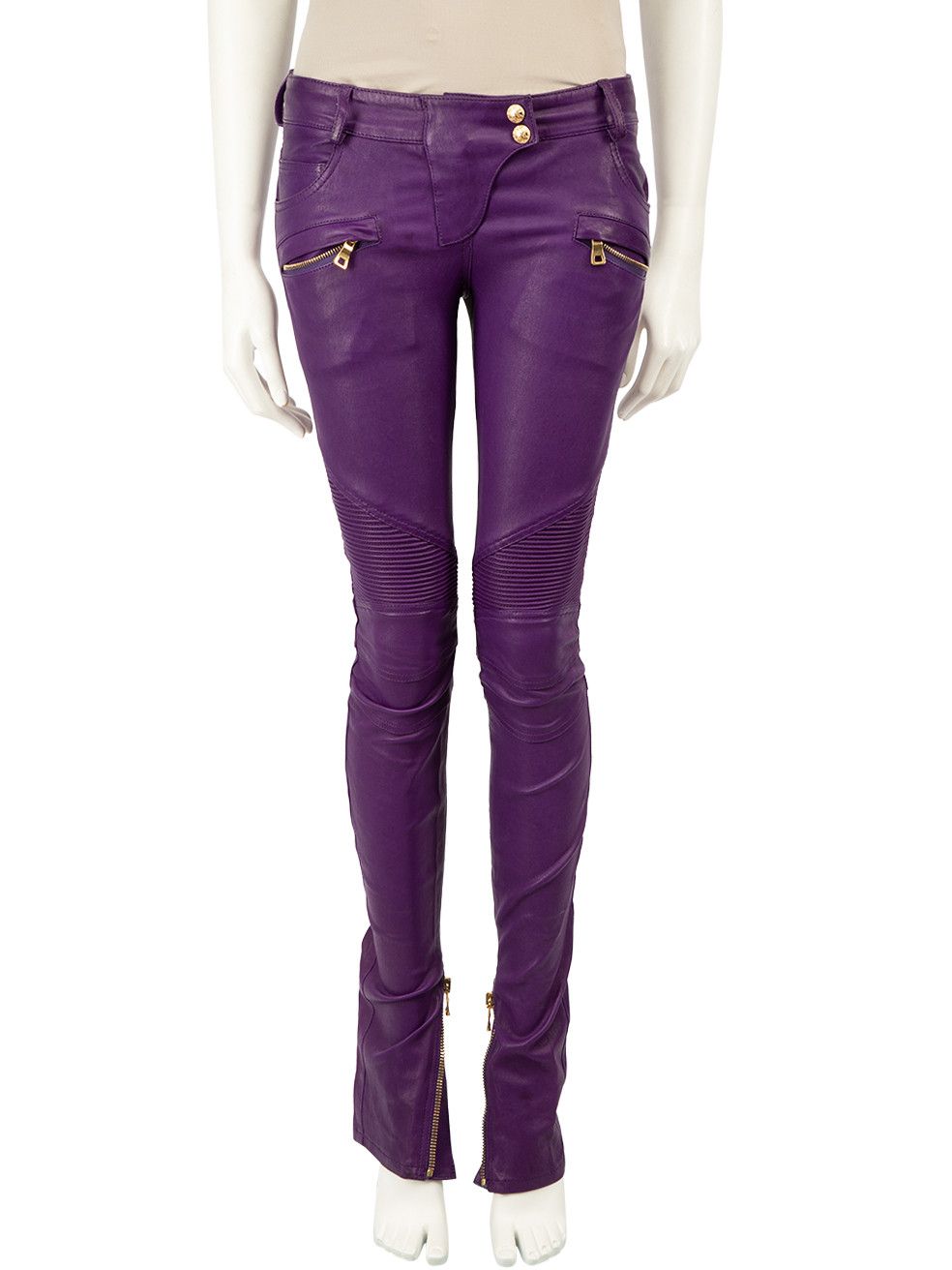 image of Balmain Purple Leather Skinny Biker Trousers, Women's (Size 26)