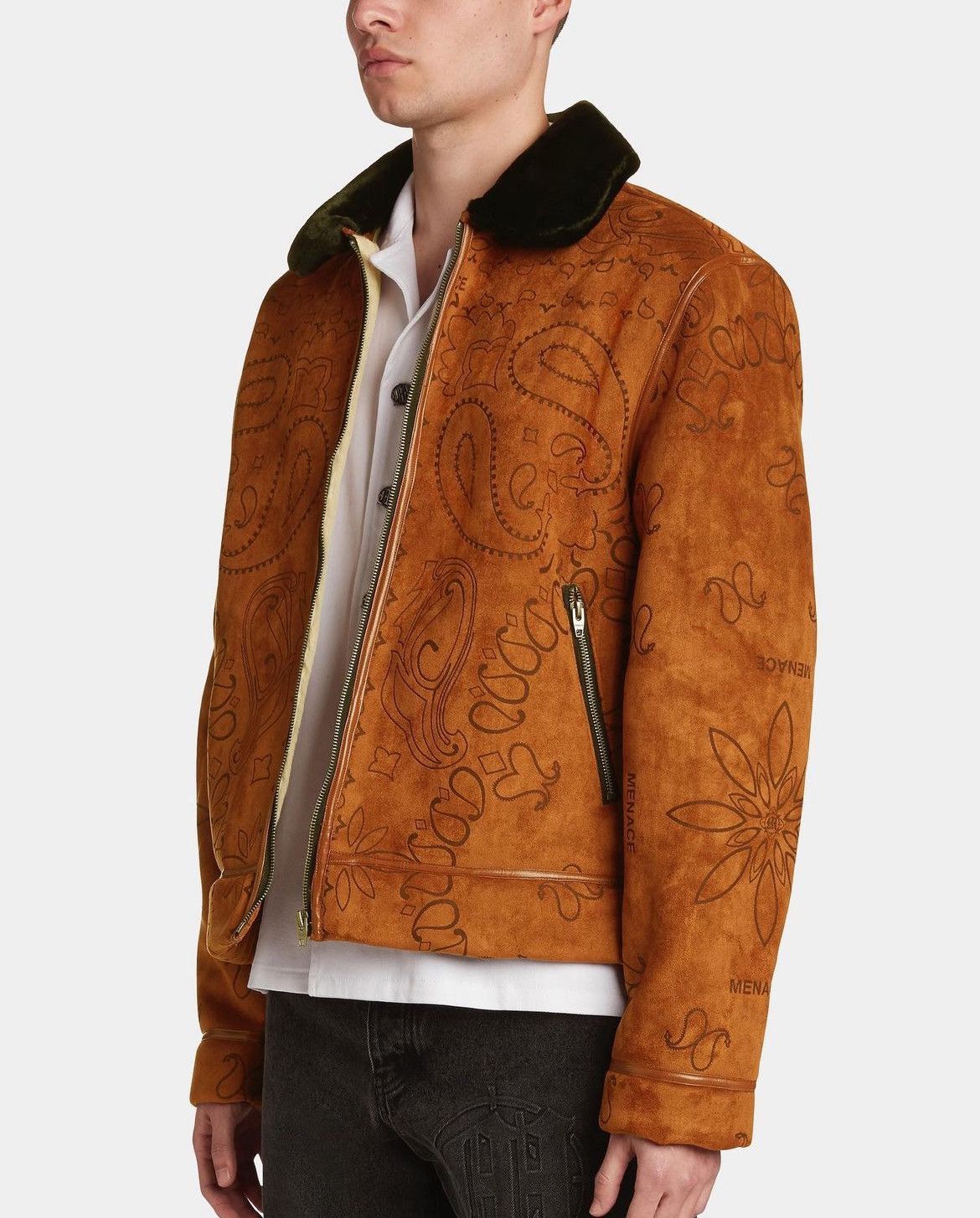 image of Menace Laser Engraved Sherpa Suede Jacket in Brown, Men's (Size Large)