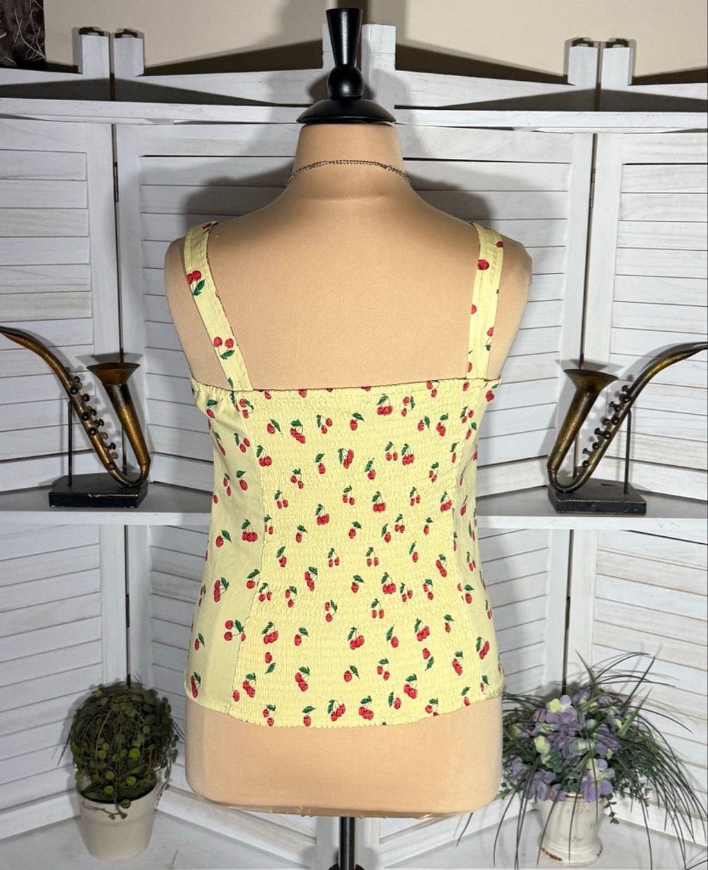 Vintage Y2K yellow halter top cherry print pattern elastic back 2X Size XXL / US 16-18 / IT 52-54 - 2 Thumbnail