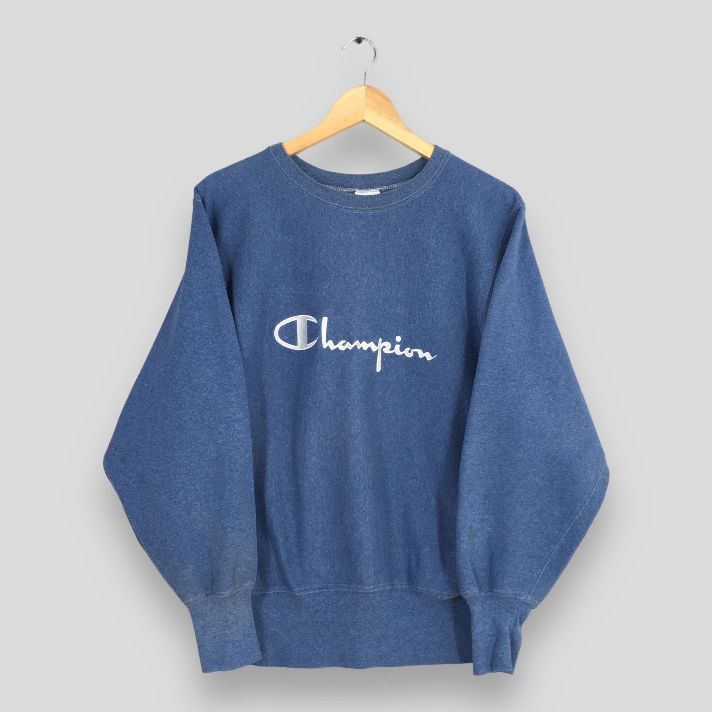 image of Champion Script Logo Reverse Weave Sweatshirt Medium in Blue, Men's