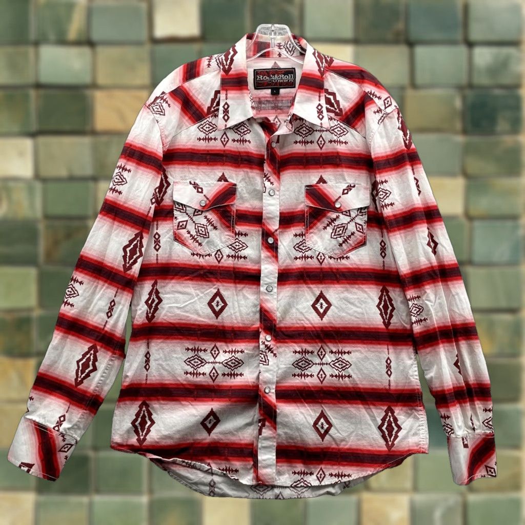 Vintage Rock & Roll Cowboy Pearl Snap Shirt Men's Large Southwestern Rodeo Geometric Southwest 90s Western Cowboy Button-Up Shirt Mens Large Red Size US L / EU 52-54 / 3 - 1 Thumbnail