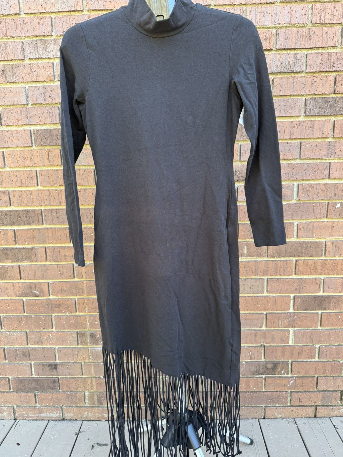 H&M H&M Solid Black Fringe Long Sleeve Dress Mock Neck Size M / US 6-8 / IT 42-44 - 4 Thumbnail