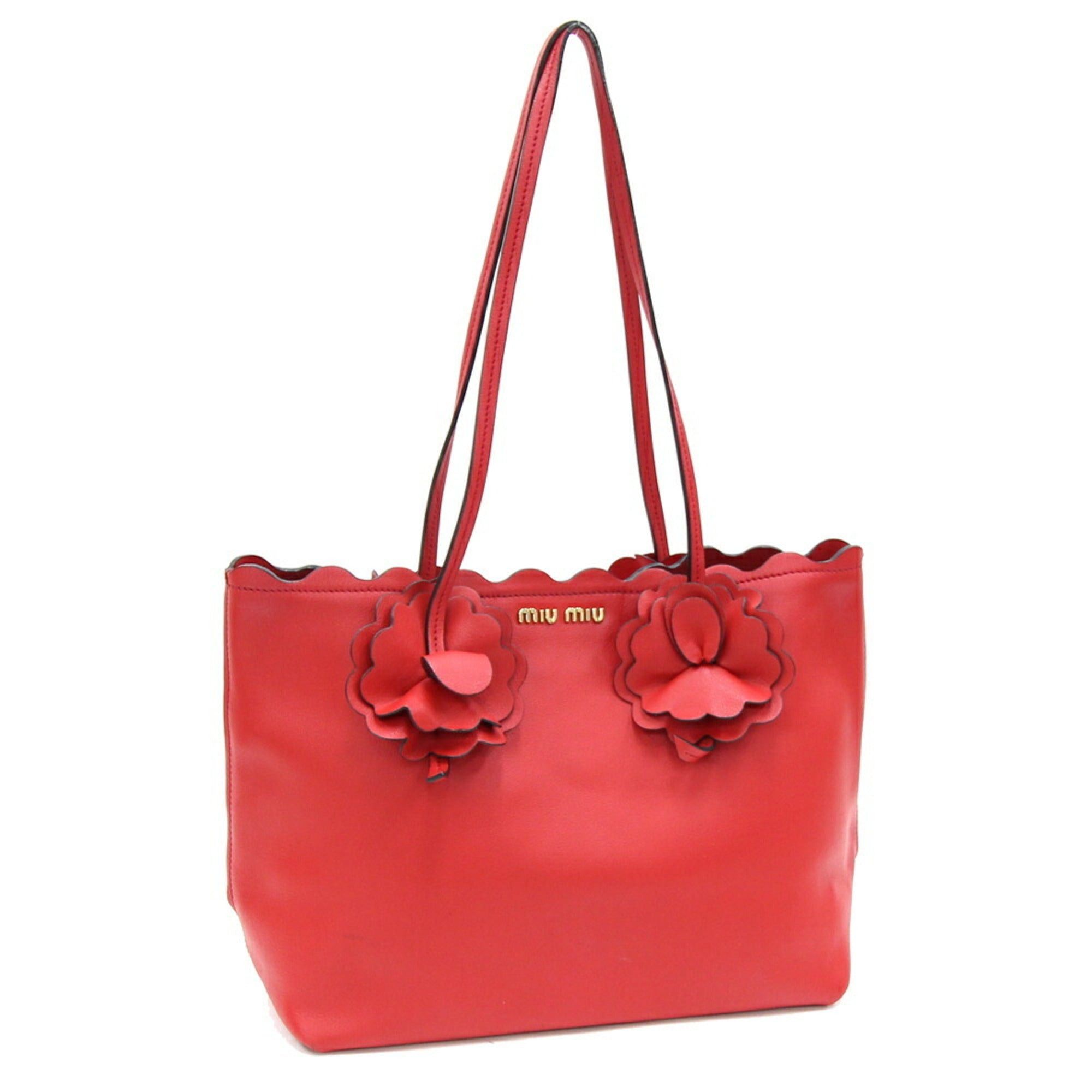 image of Miu Miu Miu Tote Bag 5Bg054 Red Leather Flower Handbag Ladies Miumiiu, Women's