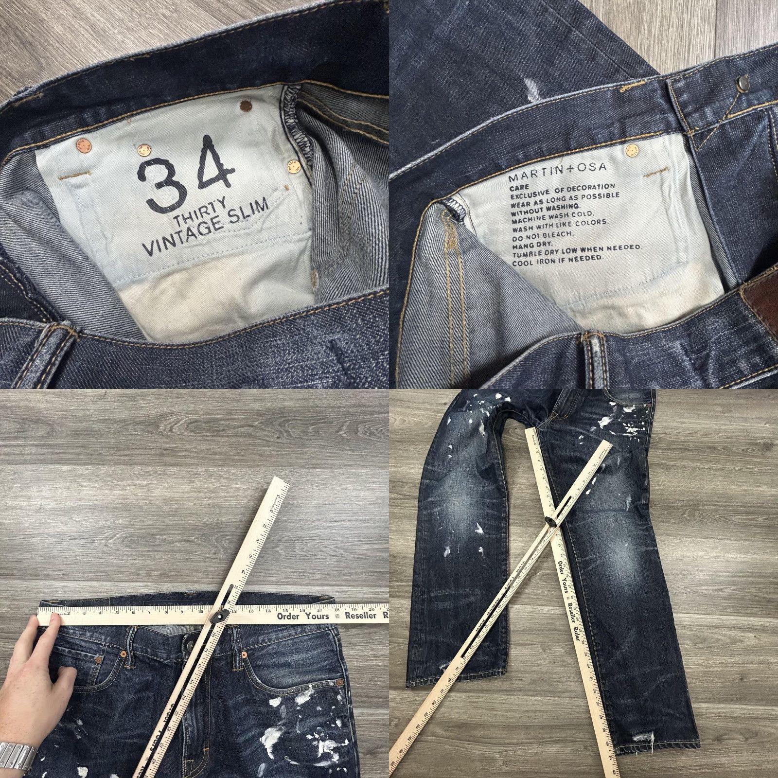Denime VINTAGE Martin + Osa Jeans Slim 36x31 Dark Wash Denim Distressed Paint Splatter Retro Mens Size US 36 / EU 52 - 9 Thumbnail