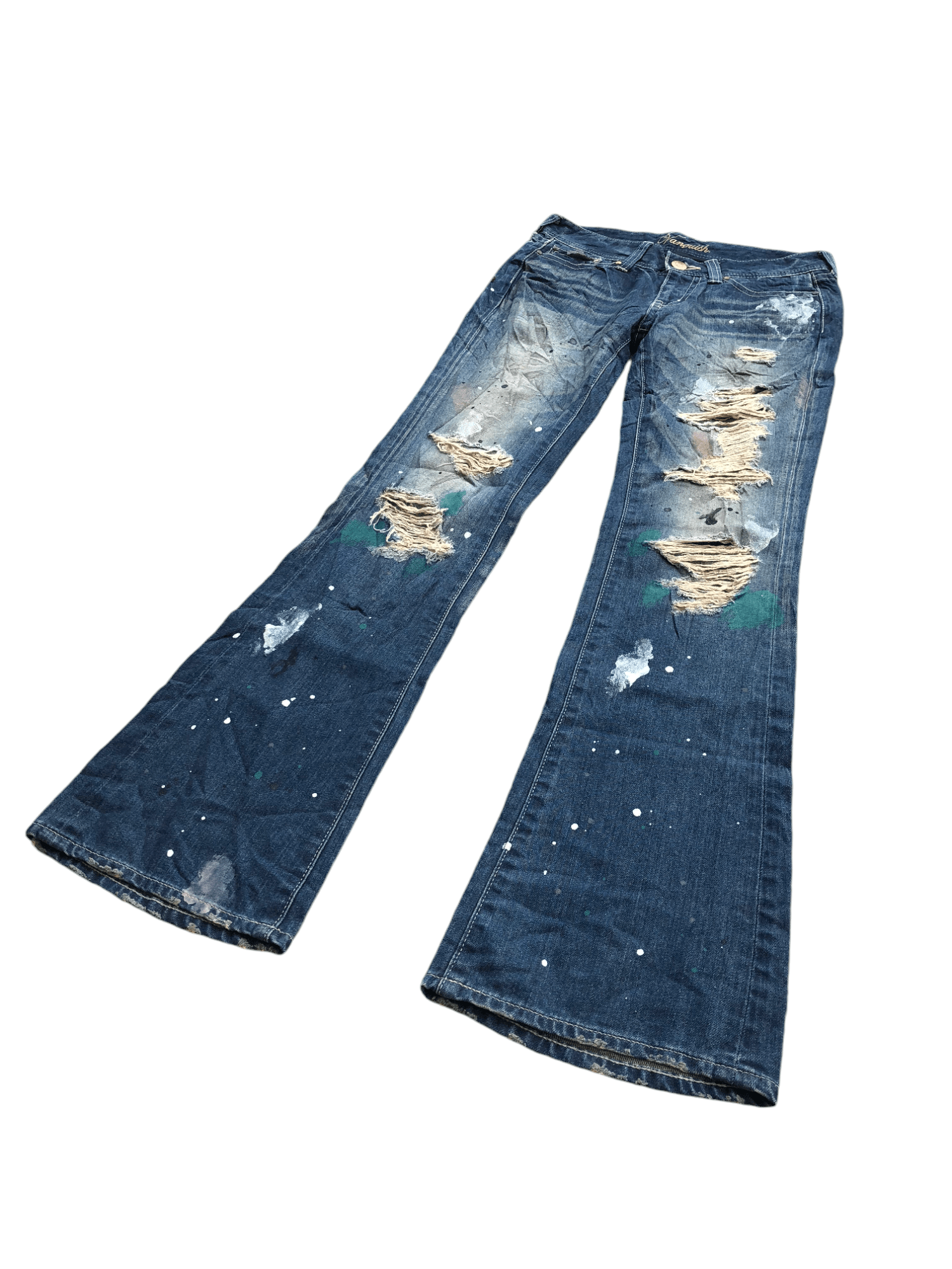 If Six Was Nine × Le Grande Bleu (L.G.B.) × Vanquish Vanquish Gold Distressed splatter flare denim Size US 30 / EU 46 - 2 Thumbnail