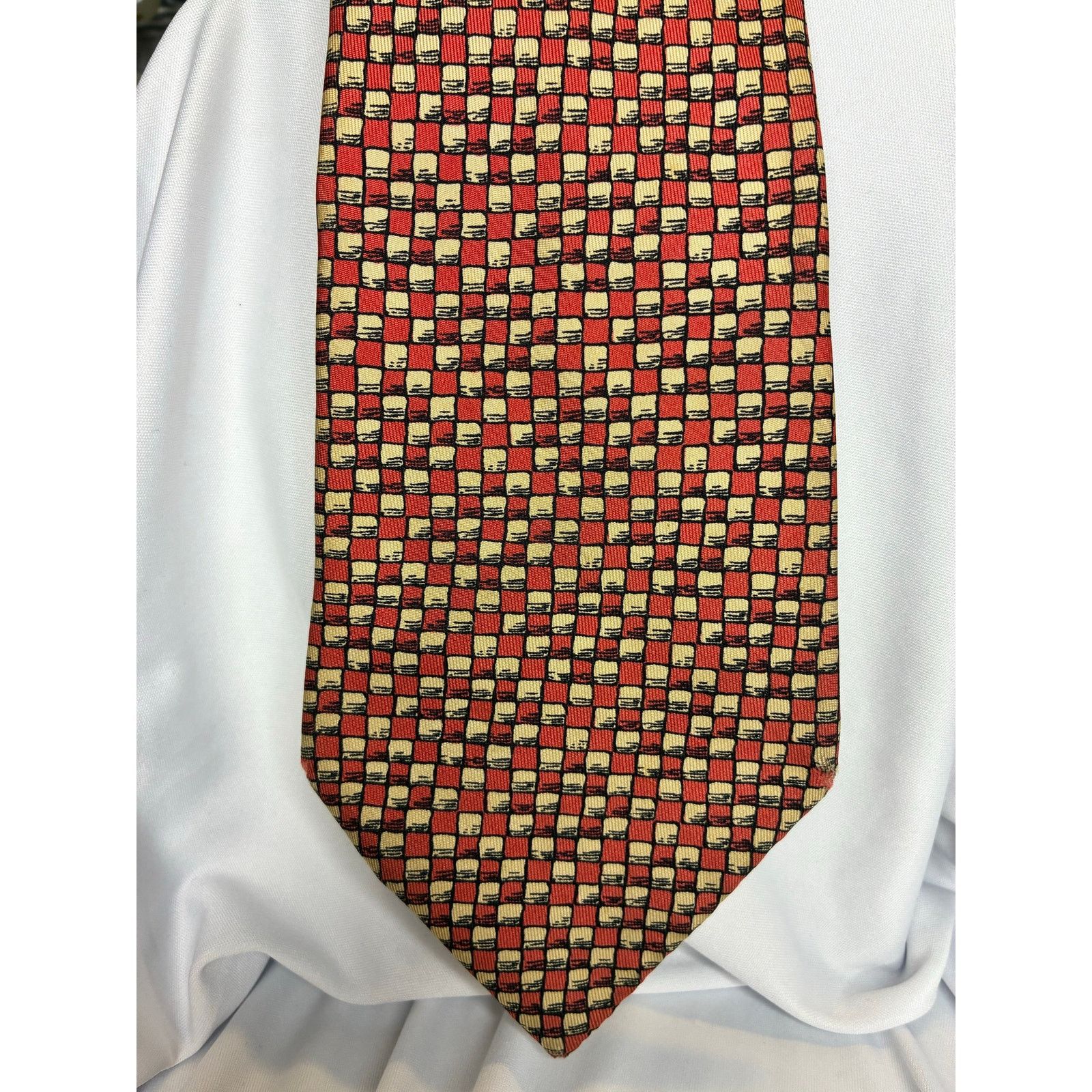Hermes Hermès 398 EA Silk Tie - Red Geometric Checkered FLAWS Size ONE SIZE - 1 Thumbnail