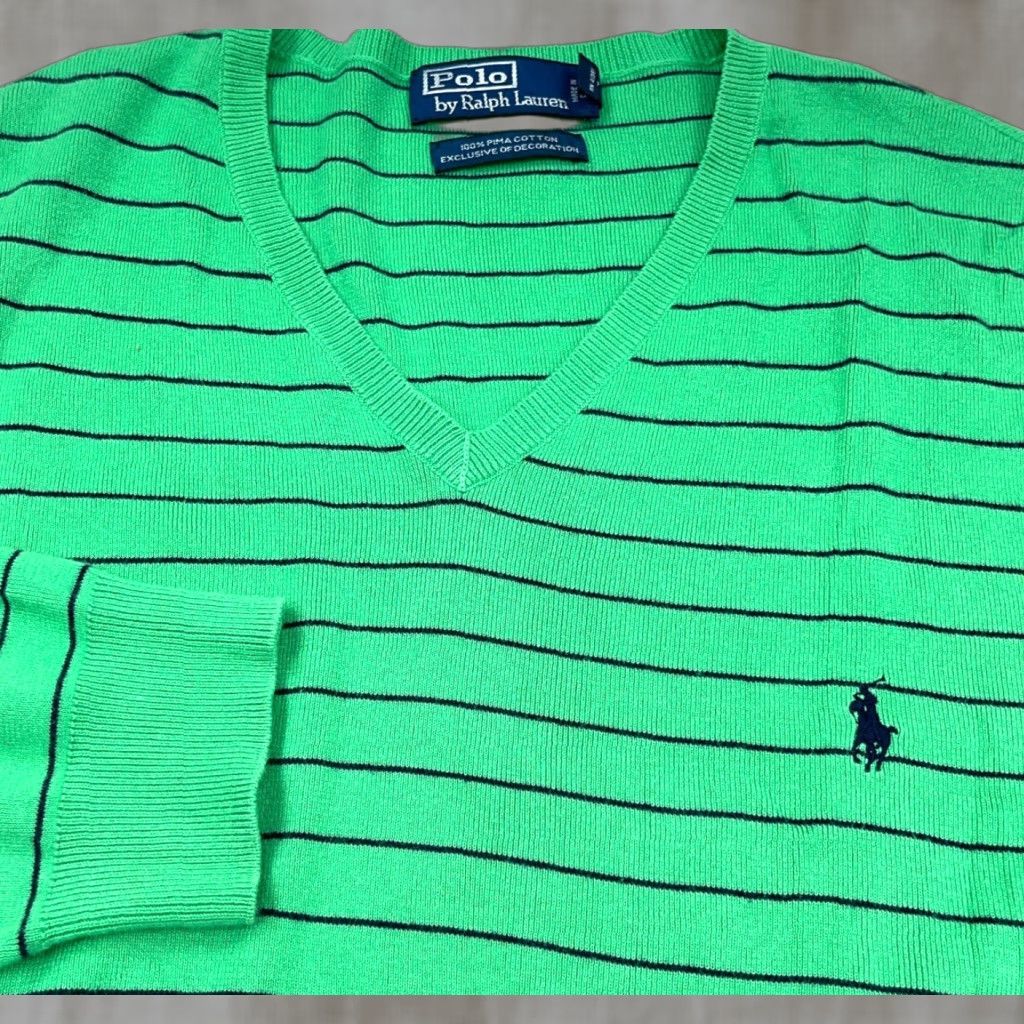 Polo Ralph Lauren Polo Ralph Lauren Sweater Men XL Green Striped V-Neck Pima Cotton Golf Pullover Knit Button Embroidered Logo Zipper Classic Modern Preppy Sports Mens Size US XL / EU 56 / 4 - 1 Thumbnail