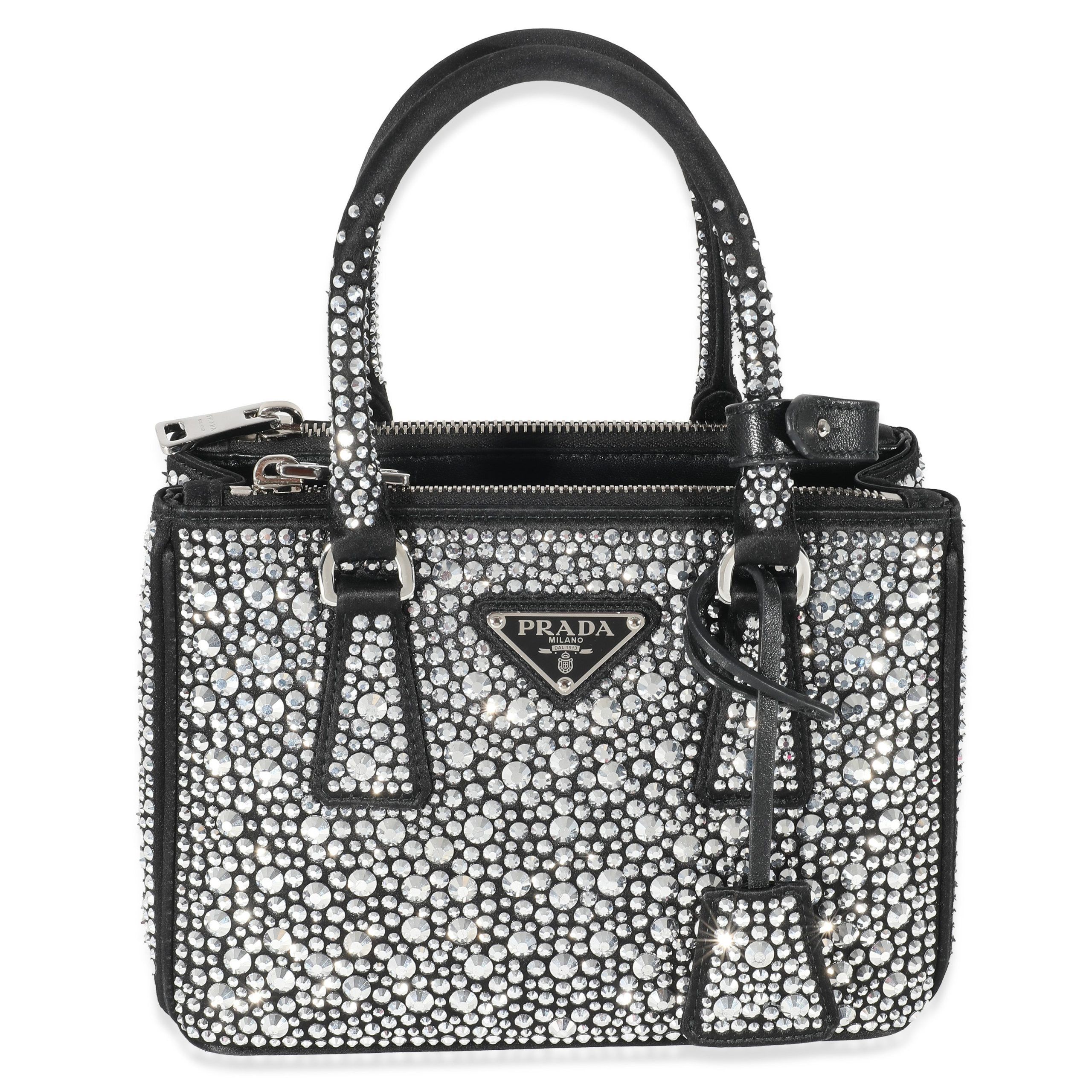 image of Prada Metal Black Satin Crystals Mini Galleria Double Zip Tote in Silver, Women's