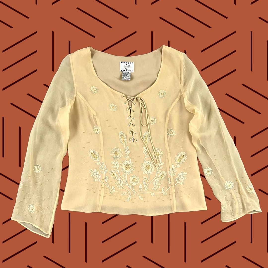 Vintage ICE Women’s Silk Blouse Small Brown Sheer Floral Lace Casual Shirt, Bohemian, Vintage-Inspired Size S / US 4 / IT 40 - 1 Thumbnail