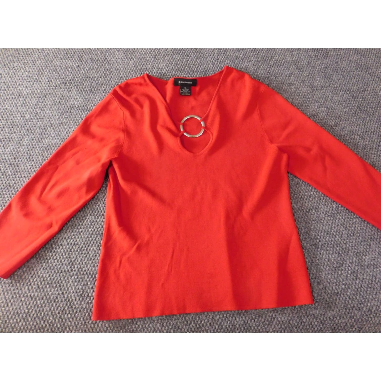 Vintage Pointelle Blouse Womens XL Red Crew Neck Long Sleeve Pullover Stretch Ruffle Casual Navy Size XL / US 12-14 / IT 48-50 - 2 Thumbnail