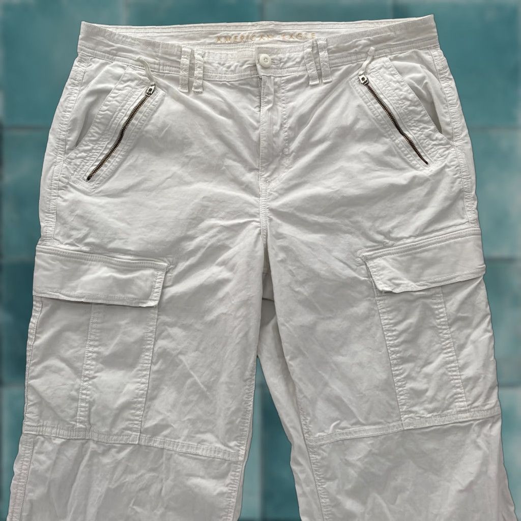 American Eagle Outfitters American Eagle Outfitters Pants Women's 14 White Low Rise Baggy Flare Ankle Zip Boho Chino Size 14 White Stretch Size 25" / US 0 / IT 36 - 1 Thumbnail
