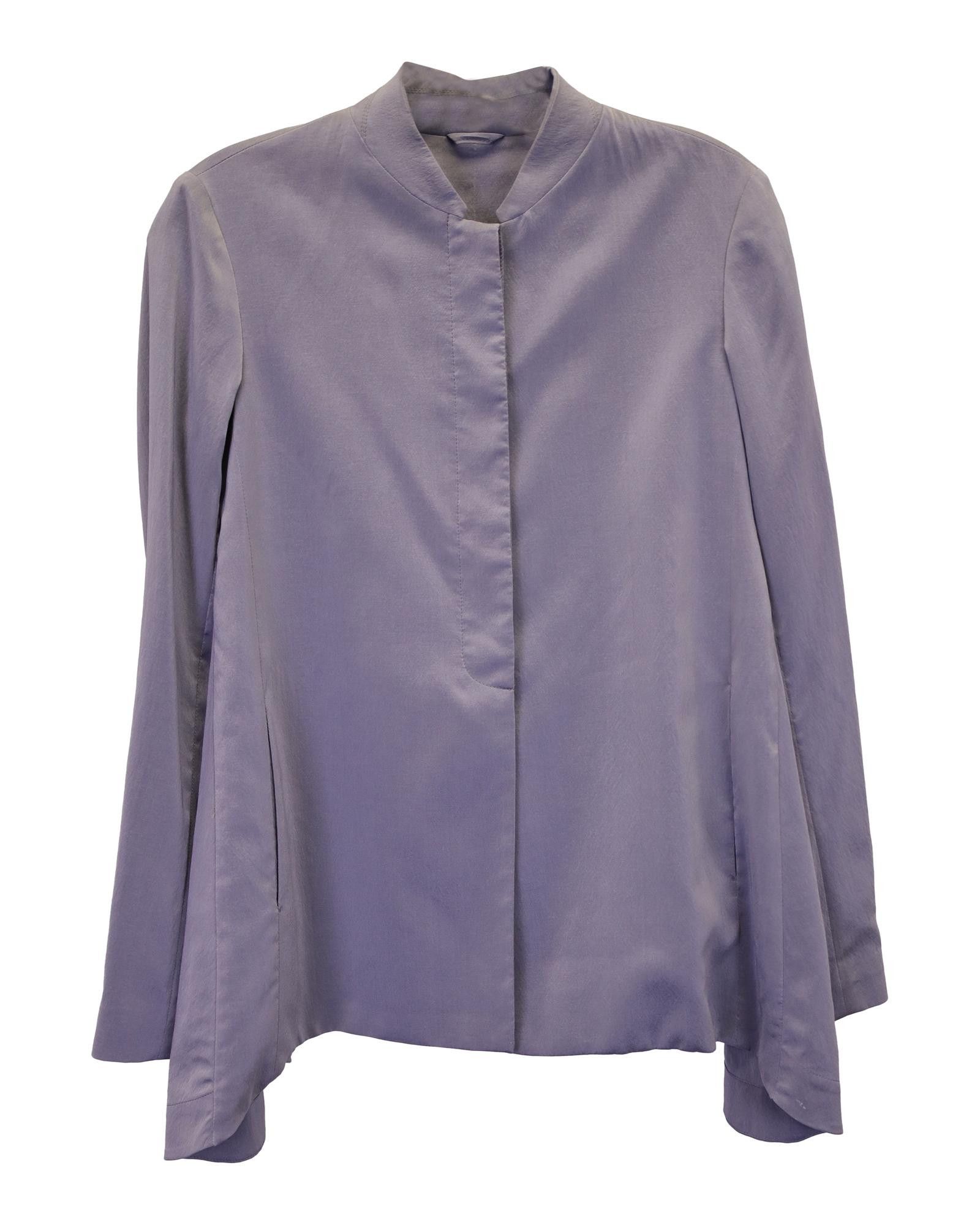 image of Brunello Cucinelli Silk Button-Up Top With Band Collar In Gray in Grey, Women's (Size XS)