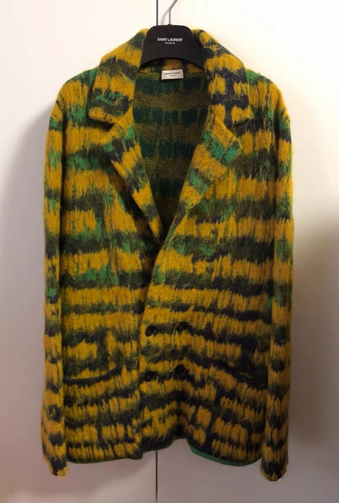 Saint Laurent Yellow-Green Striped Mohair Knit Cardigan