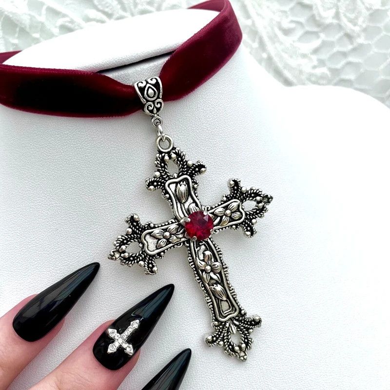 Other Vintage Gothic Large Cross Red Velvet Choker Necklace Size ONE SIZE - 4 Thumbnail
