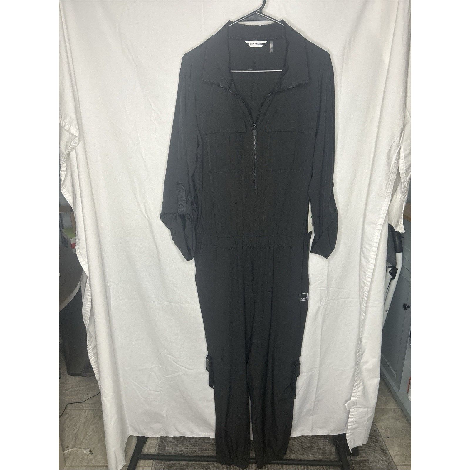 DKNY DKNY Black Utility Cargo Jumpsuit Womans L Tab Sleeve Travel Size 29" - 19 Thumbnail