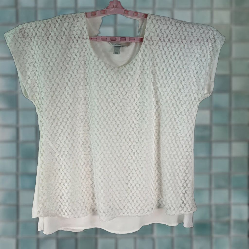 Vintage Cj Banks Blouse Shirt Womens White Round Neck Short Sleeve Sz 1X Crochet Size XL / US 12-14 / IT 48-50 - 1 Thumbnail