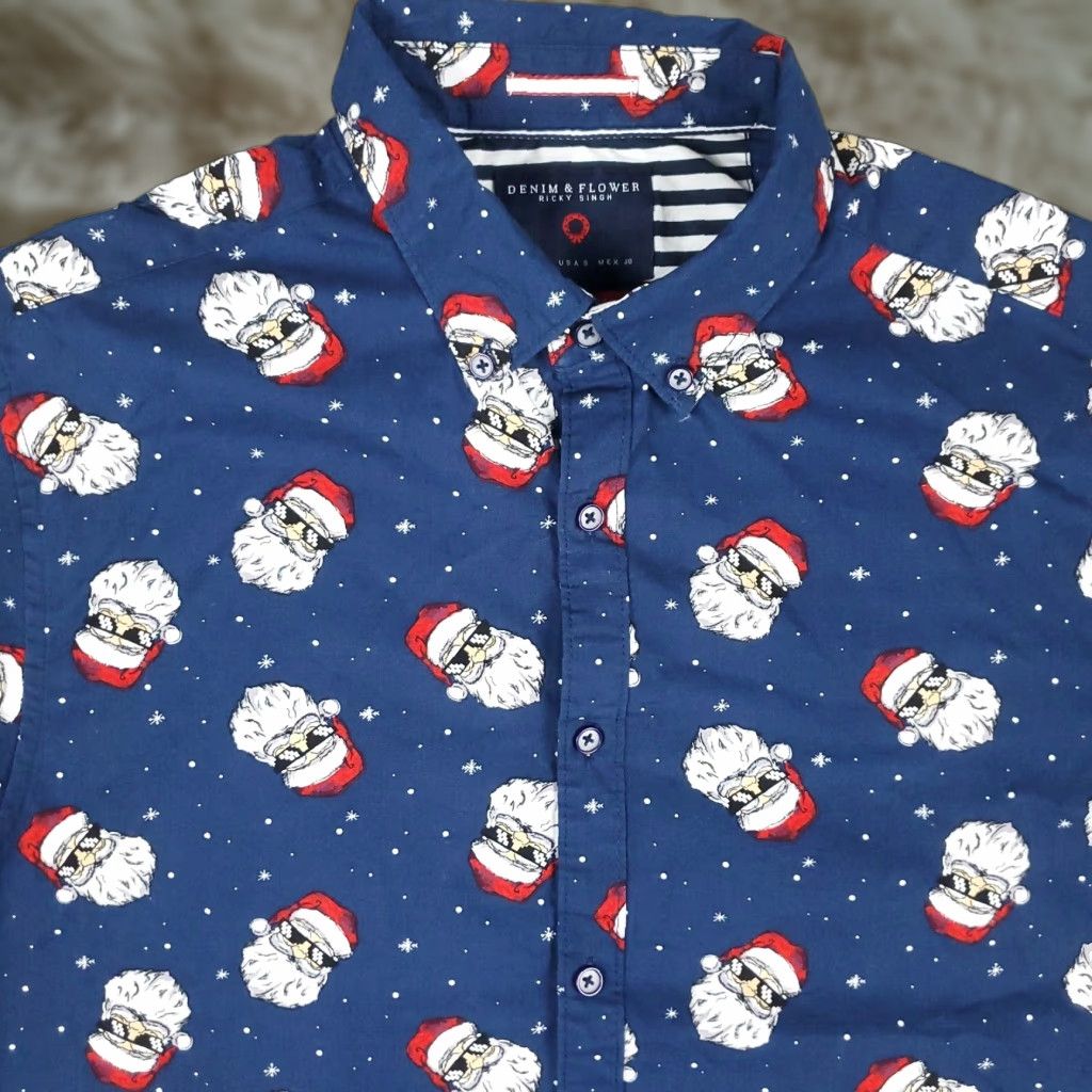 Denime VINTAGE Denim & Flower Shirt Men S Blue All Over Santa Christmas Button-Up Short Sleeve - Note: The item is not vintage per specs; avoid mislabeling. Size US S / EU 44-46 / 1 - 1 Thumbnail