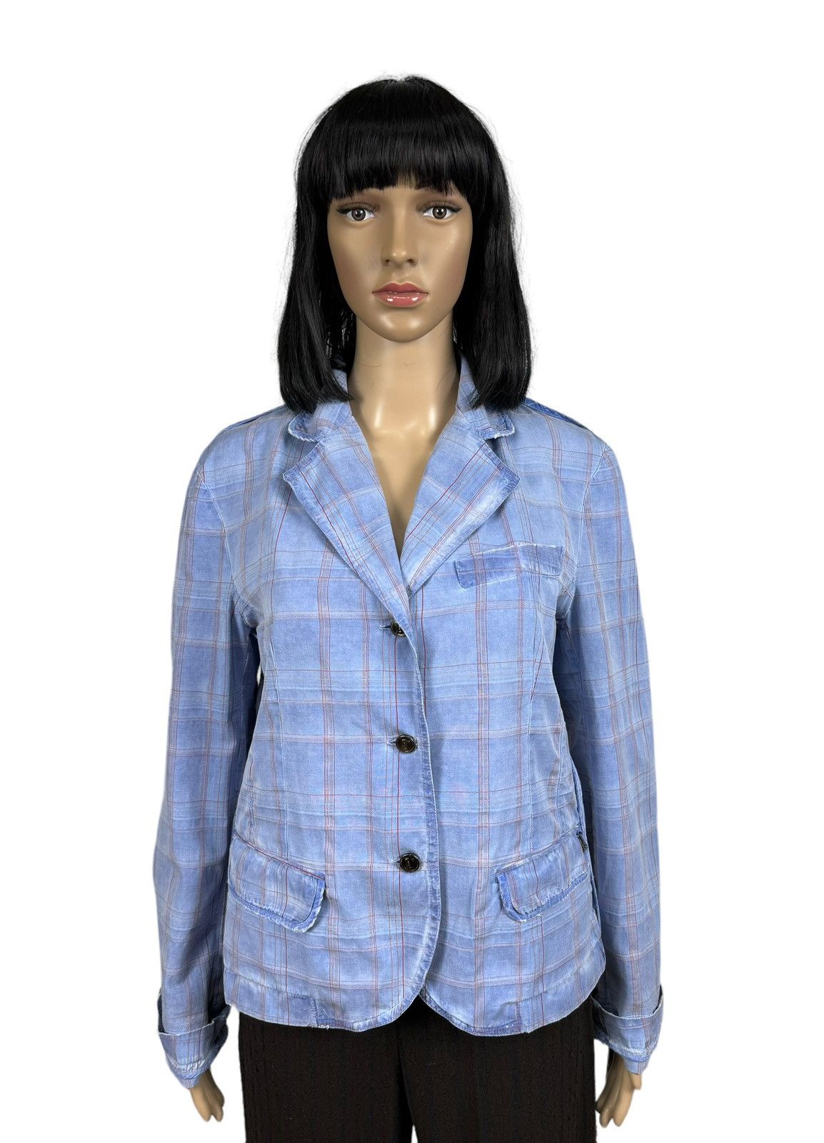 image of Galliano Checkered Garment Dyed Blazer Jacket Size It 46 in Blue, Women's