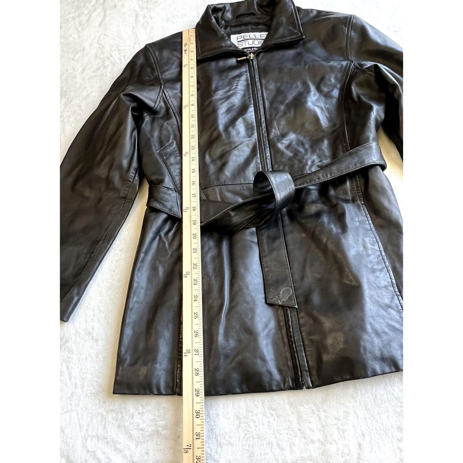 Vintage Pelle Studio Wilsons Leather Trench Coat Womens Large Black Belted Mid Length Size L / US 10 / IT 46 - 2 Thumbnail
