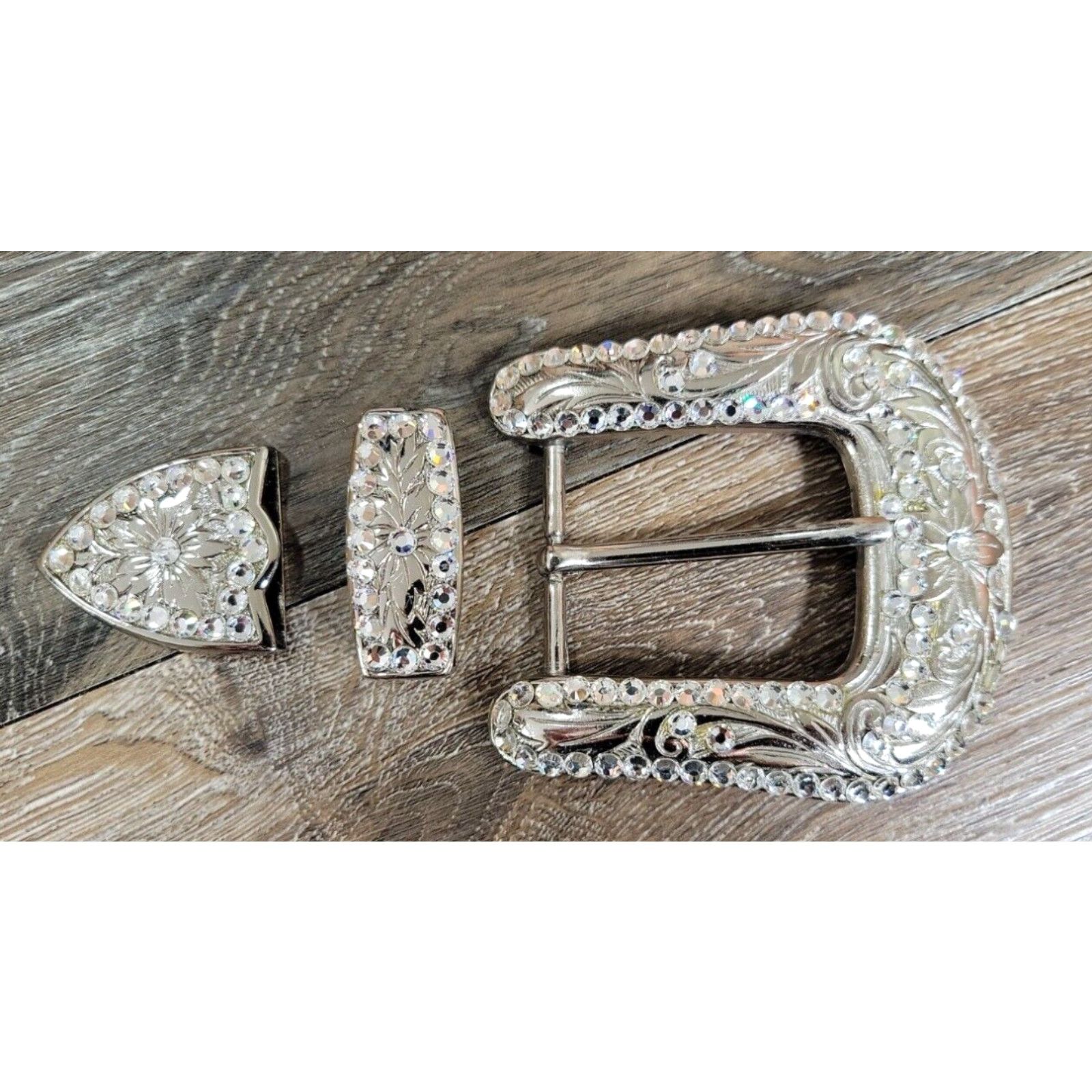image of Vintage Bb Simon Women's 3 Piece Buckle Set Engraved Metal Jeweled Crystals (No Belt) in White
