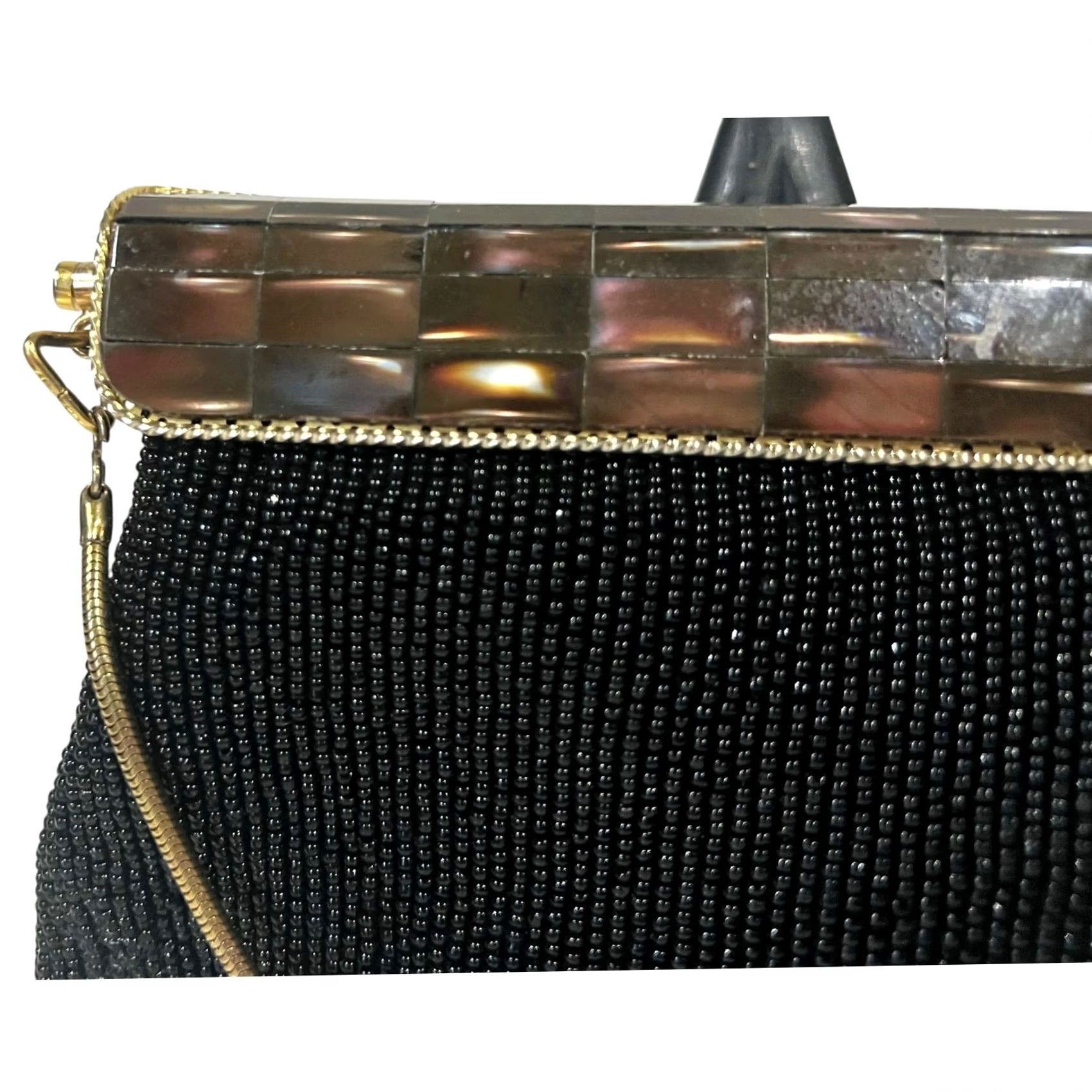 Vintage VINTAGE Black Beaded Evening Purse Clutch Handbag Amber Abalone Shell Clasp Women Size ONE SIZE - 2 Thumbnail
