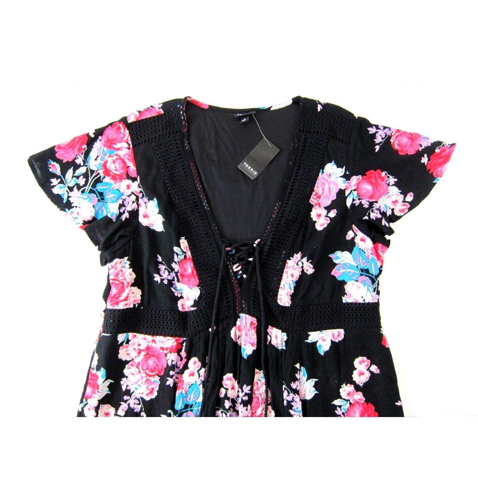 Torrid NWT Torrid Black Pink Floral Rose Short Sleeve Pocket V-Neck Smock Dress 1X Size 40" / US 18 - 4 Thumbnail
