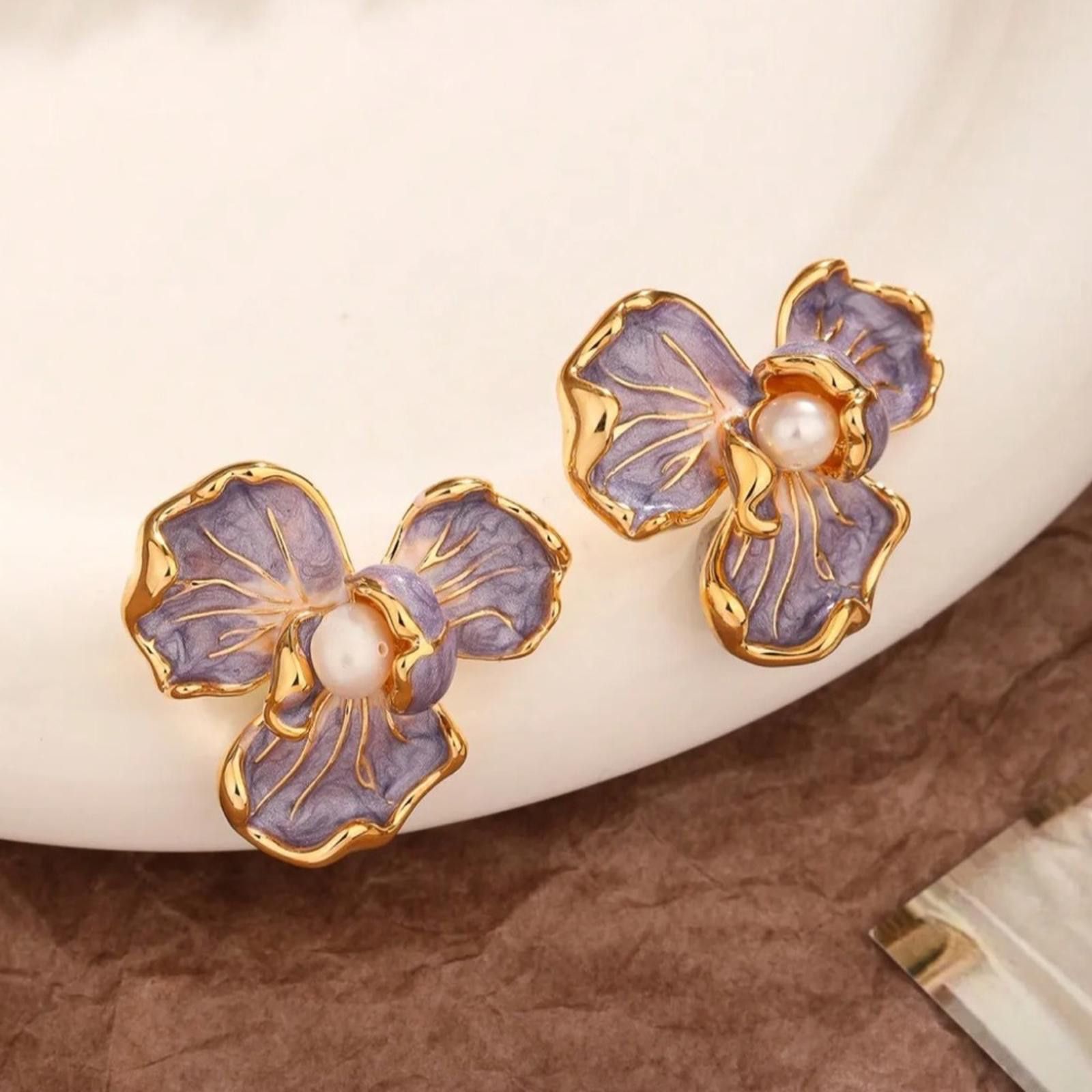 Designer Golden French Artificial Pearl Enamel and Oil Drop Earrings Size ONE SIZE - 1 Thumbnail