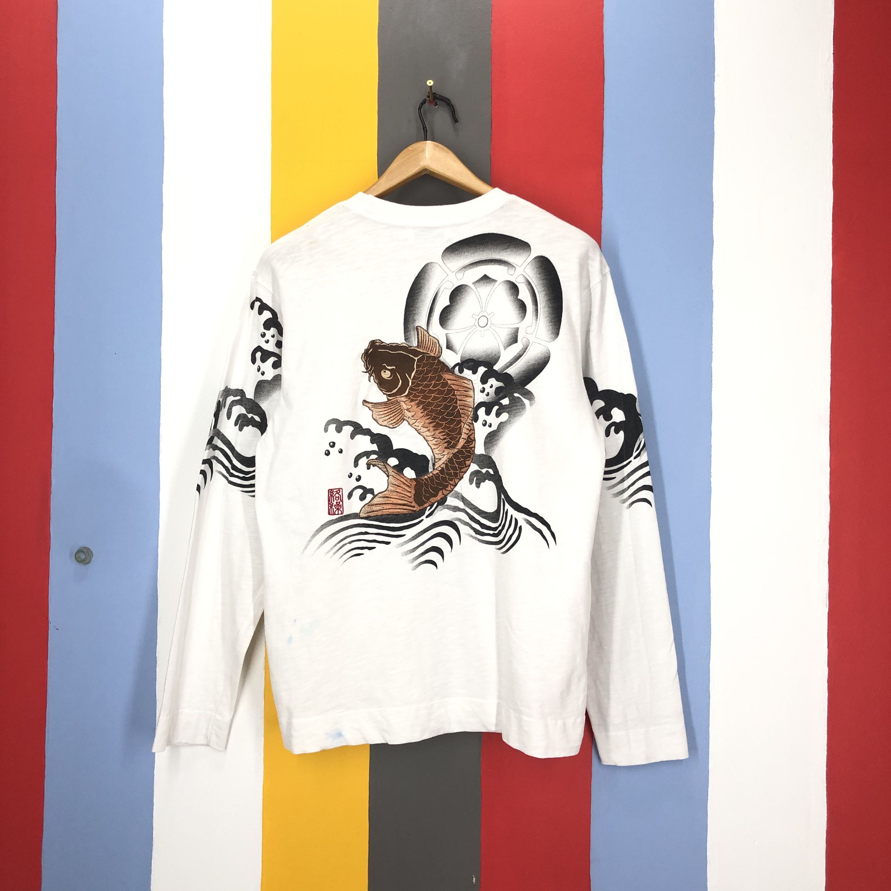 Japanese Brand KARAKURI Embroidery Koi Rare Triple Pocket L/S Tees #1583/01 Size US M / EU 48-50 / 2 - 1 Thumbnail