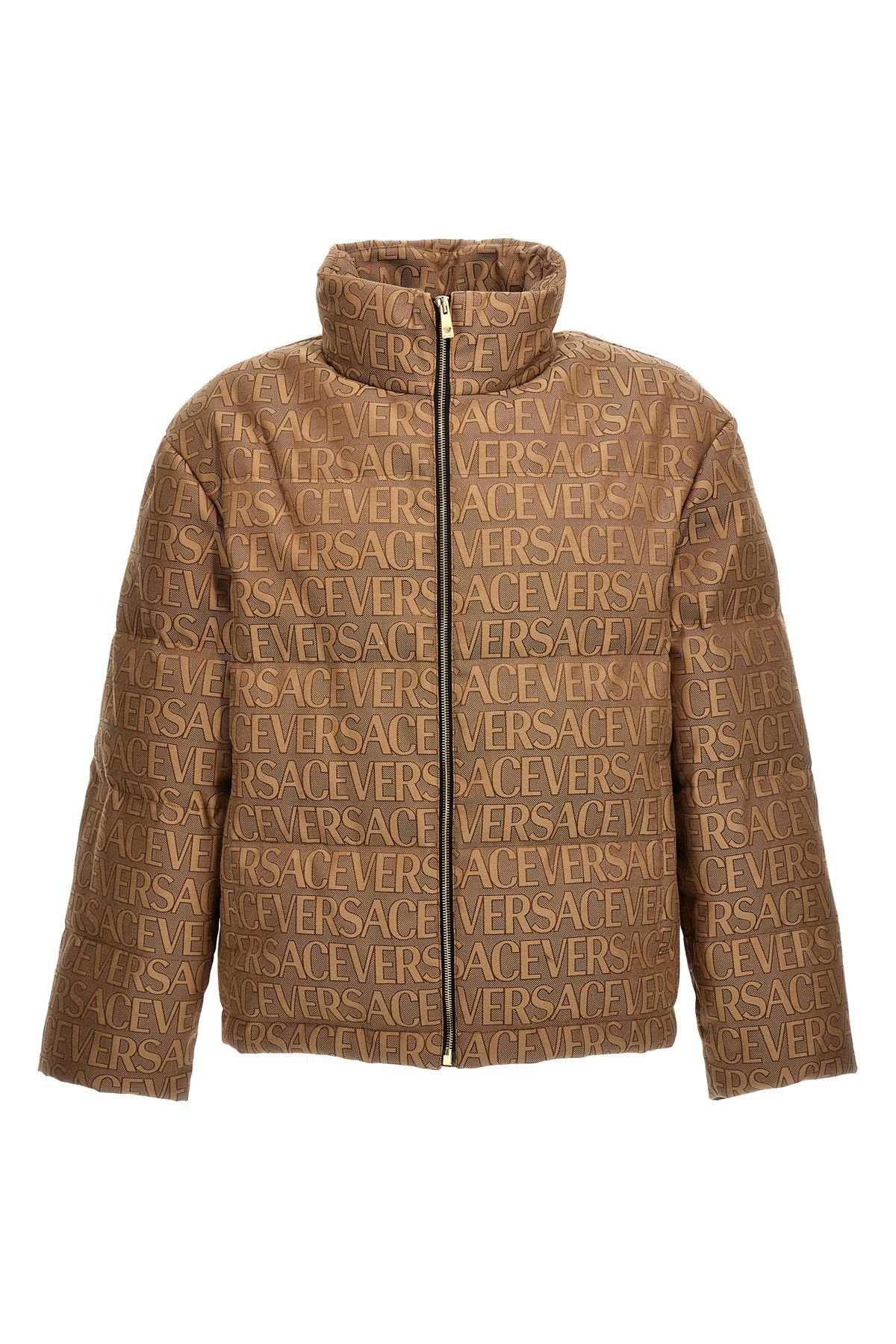 Image of 'Versace Allover' Capsule La Vacanza Down Jacket in Brown, Men's (Size XL)