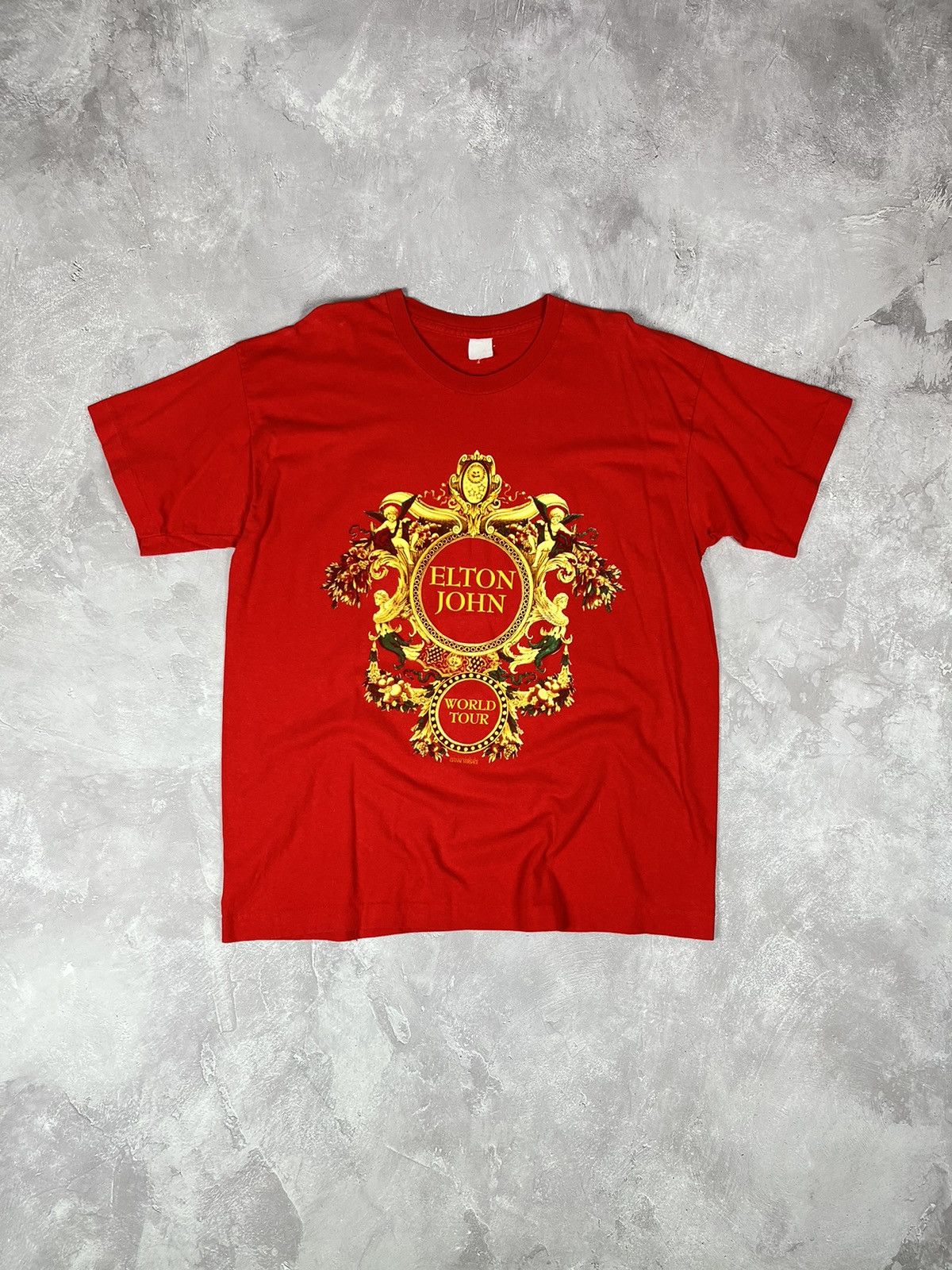 image of Band Tees x Versace Elton John Gianni Versace World Tour Vintage Y2K Tee Shirt in Red (Size XL)