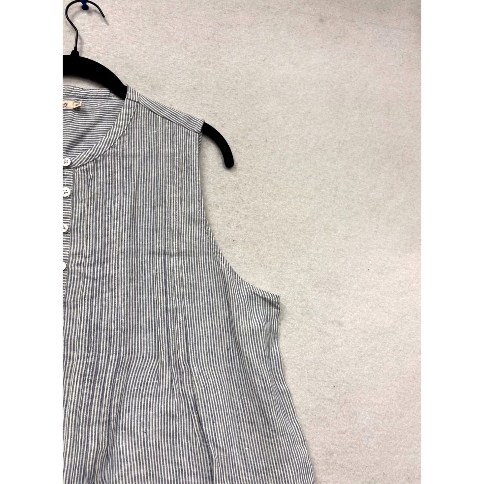 FLAX FLAX XL Sleeveless Striped Button-Front Dress Women's XL Blue Linen Woven Tank Dress Pockets Casual Summer Spring Knee Length Vintage: No Size XL / US 12-14 / IT 48-50 - 6 Thumbnail