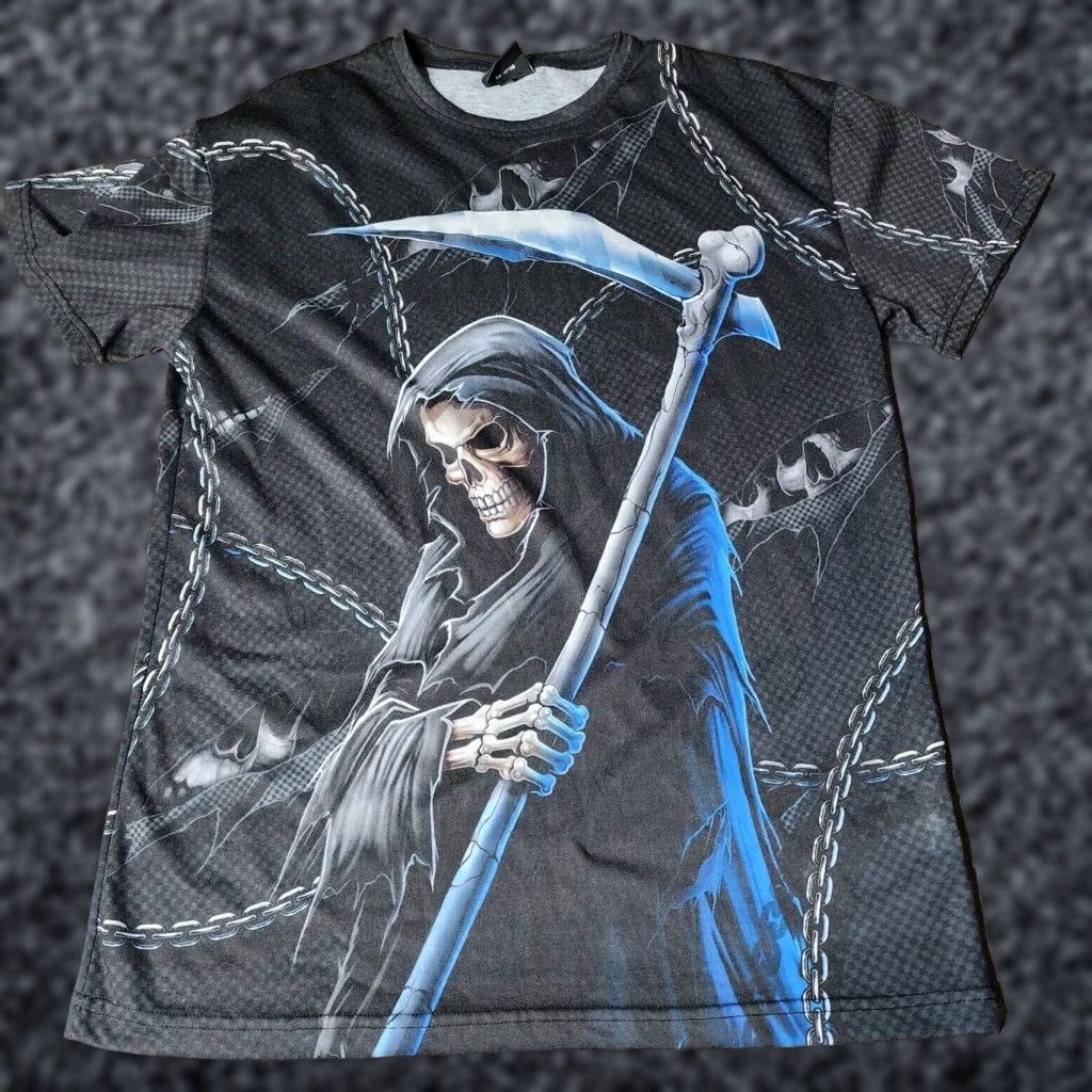 Vintage EGO Mens L USA Grim Reaper Skull Chains All Over Print T Shirt Size US L / EU 52-54 / 3 - 1 Thumbnail