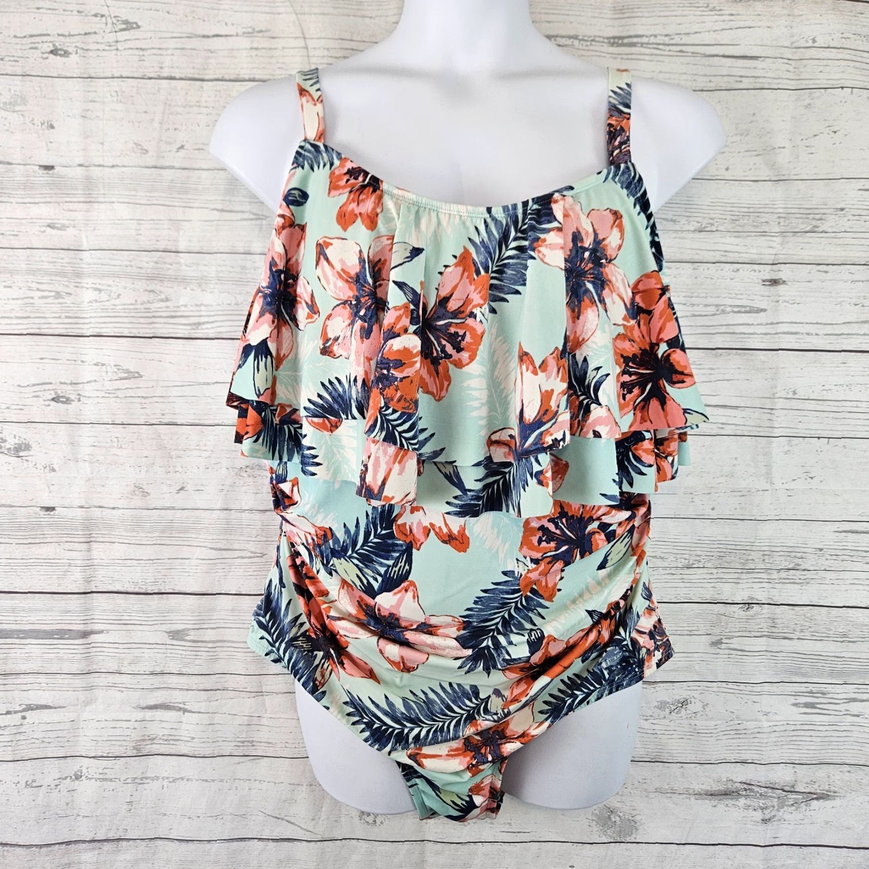 Vintage Catherines One Piece Swimsuit Womens 22W Blue Pink Floral Size ONE SIZE - 2 Thumbnail