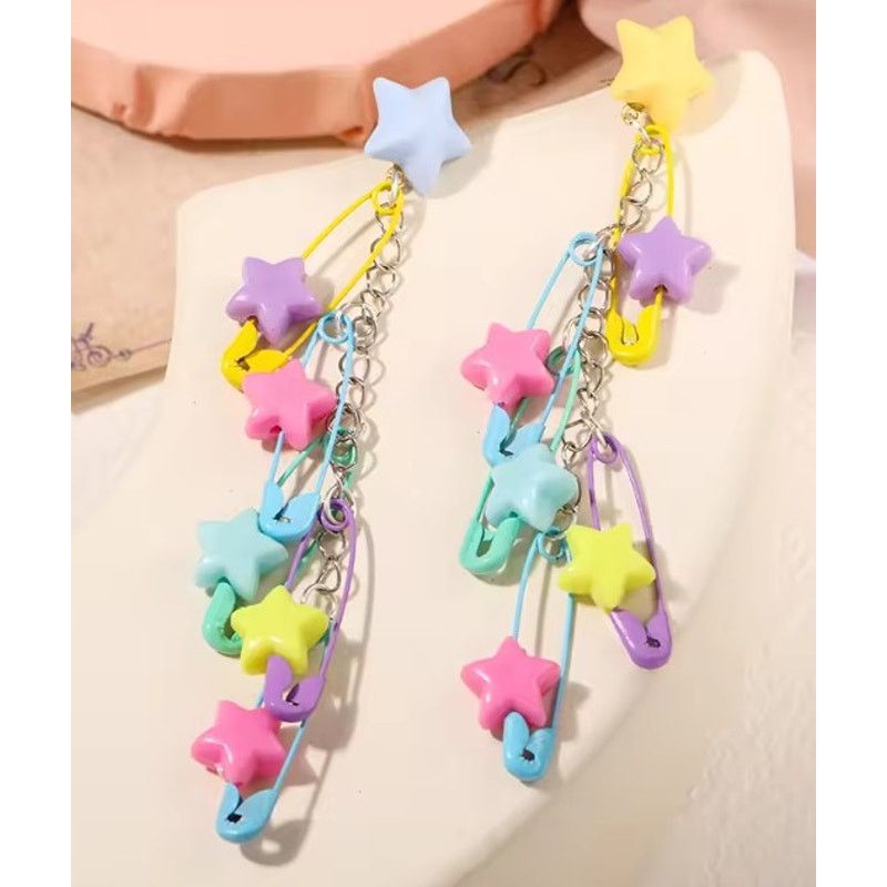 Other Kawaii Pastel Star Safety Pin Dangle Earrings – Y2K Size ONE SIZE - 3 Thumbnail