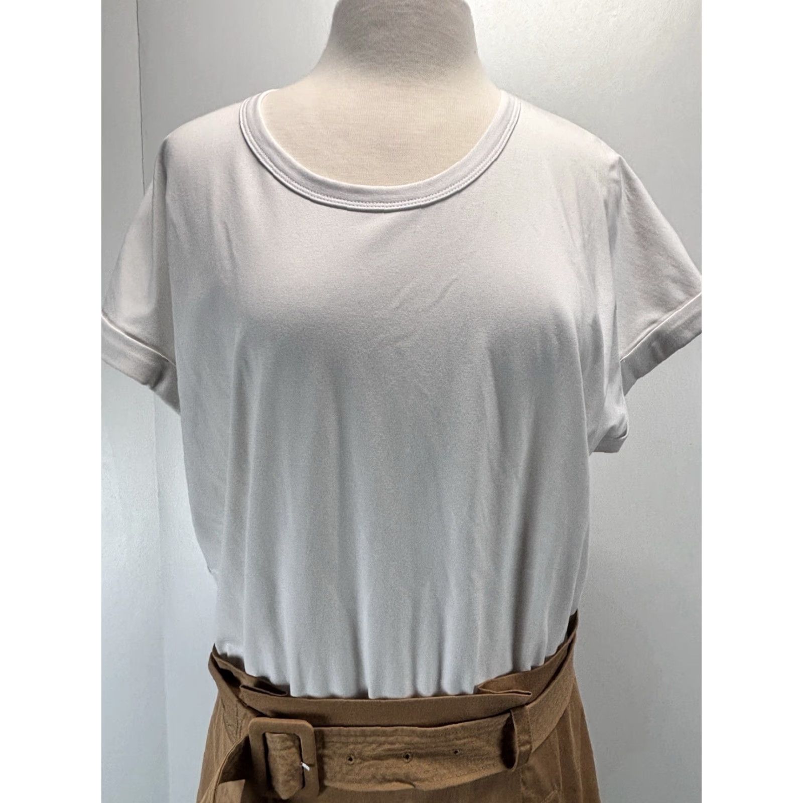 Veronica Beard VERONICA BEARD Melany Layered Look Dress Women's XL Belted Short Sleeve White Brown Mini Dress: Regular Size, Casual 2020s Size XL / US 12-14 / IT 48-50 - 5 Thumbnail
