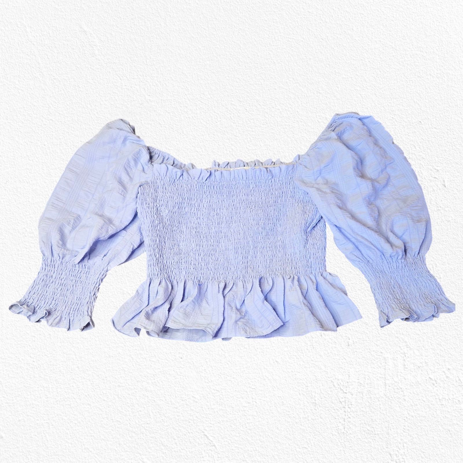 Anthropologie Blue Smocked Cropped Peplum Blouse Size Large Size L / US 10 / IT 46 - 1 Thumbnail