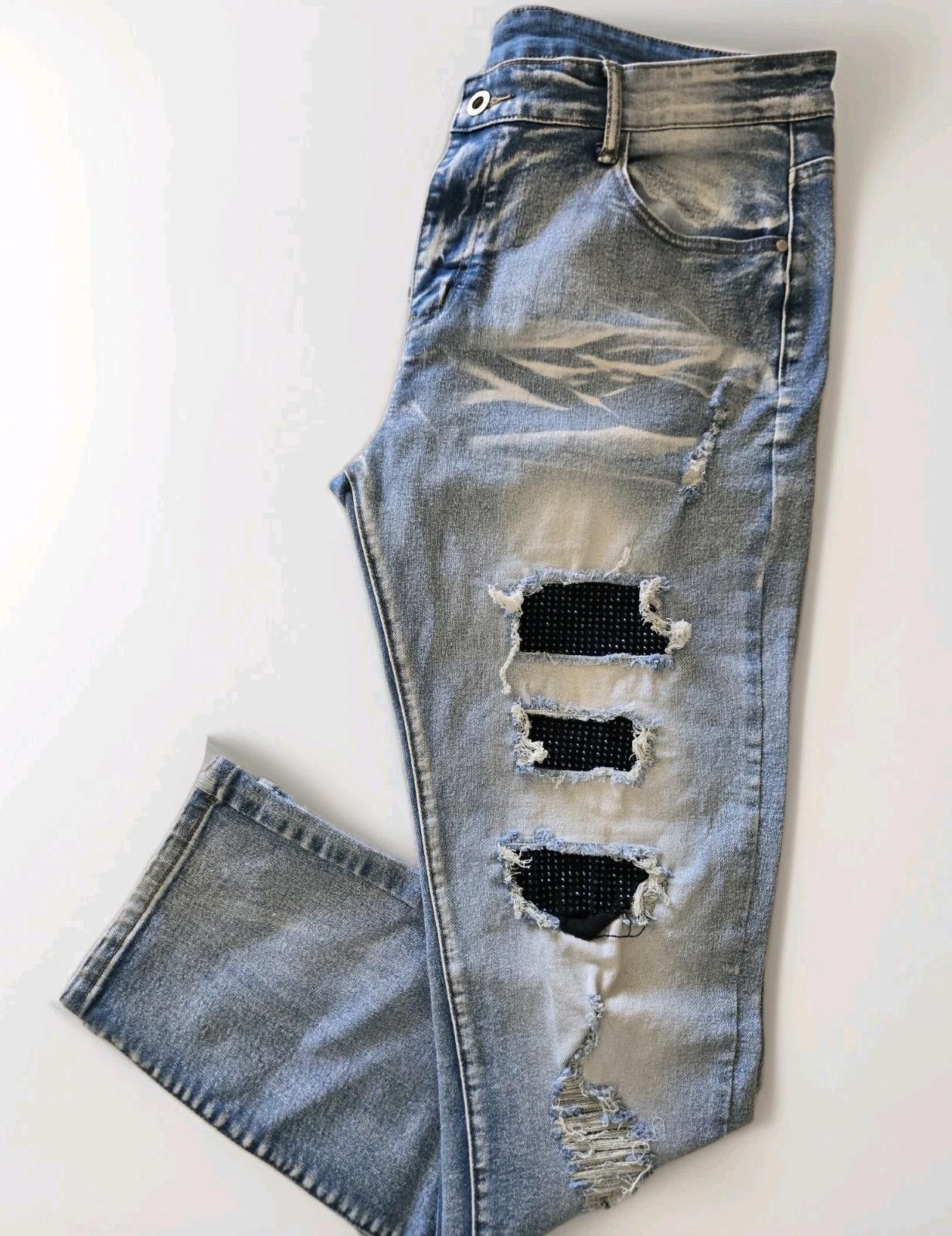 Jean Upcycled Handmade Patchwork Sequins Jeans 36x32 Embellished Size US 36 / EU 52 - 6 Thumbnail