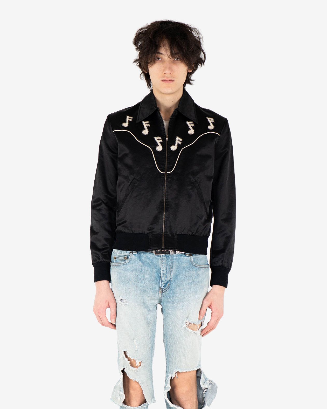 Saint Laurent Paris Black Music Note Satin Jacket (FW16) Size US S / EU 44-46 / 1 - 3 Thumbnail