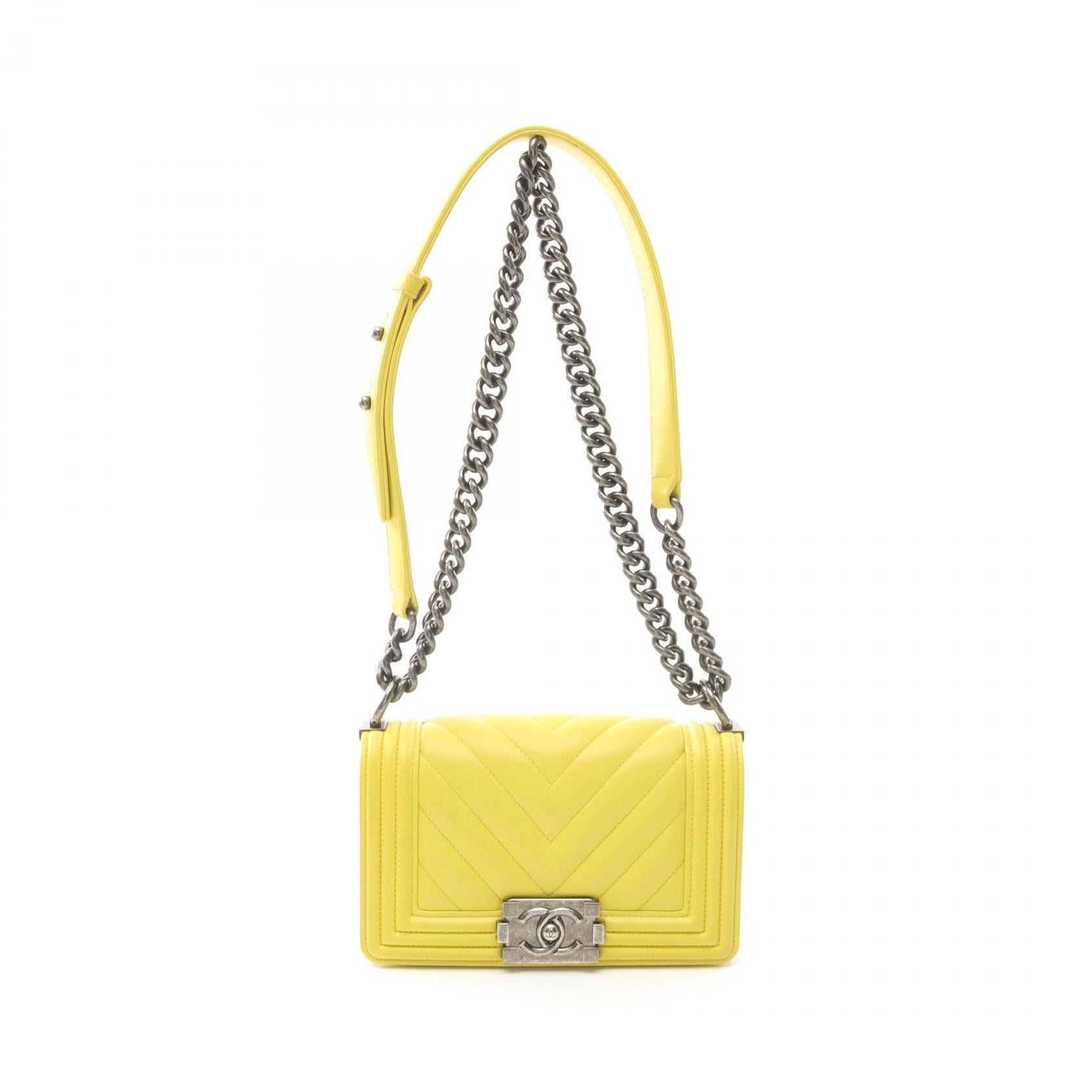 Chanel Chanel Boy Chanel Small Chevron V-Stitch Chain Shoulder Bag Lambskin Yellow Antique Silver Hardware Size ONE SIZE - 1 Thumbnail