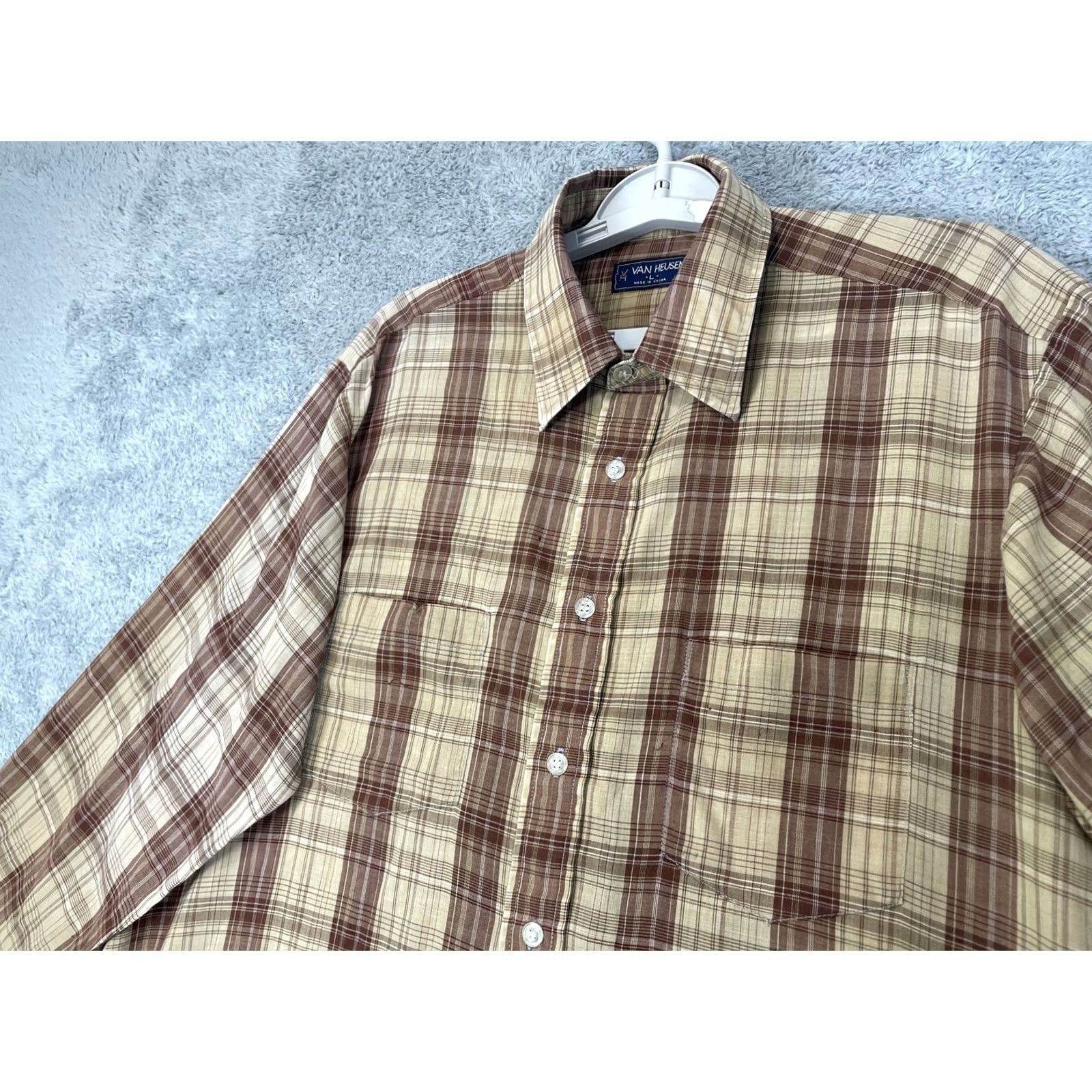 Van Heusen Van Heusen Shirt Mens Large Brown Beige Plaid Button-Down Long Sleeve Casual Size US L / EU 52-54 / 3 - 4 Thumbnail