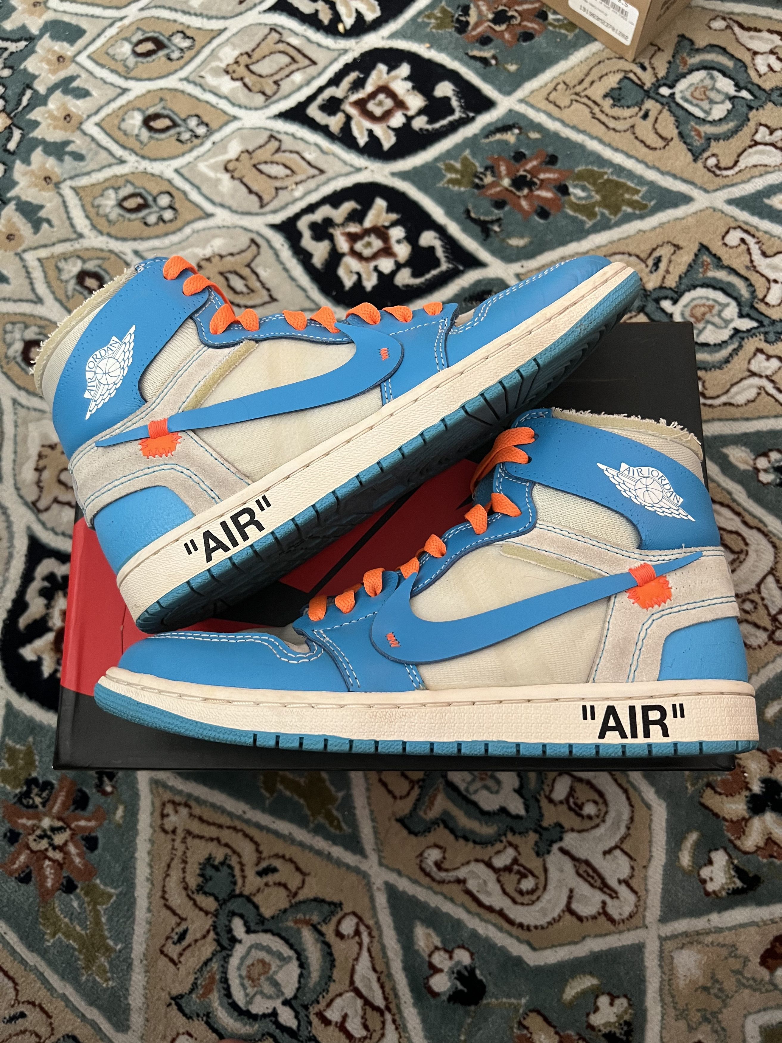 image of Jordan Off White Off-White Unc Jordan 1 Shoes in Blue, Men's (Size 8)
