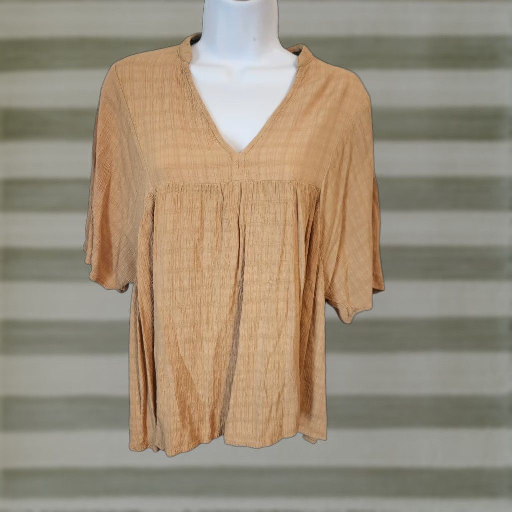 Vintage Knox Rose Tan Crinkle Short Sleeve Top Hippie Boho Cottagecore Womens S Blouse Tan V-Neck Big Breathable Rayon Casual Sleeve Basic Easy Care Womens Size S / US 4 / IT 40 - 1 Thumbnail