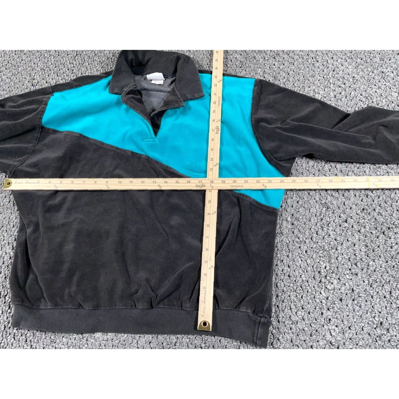 Vintage VTG 80s Velour Collared Shirt Women's Large Black Teal Boxy Fit Oversized Polo Size L / US 10 / IT 46 - 4 Thumbnail